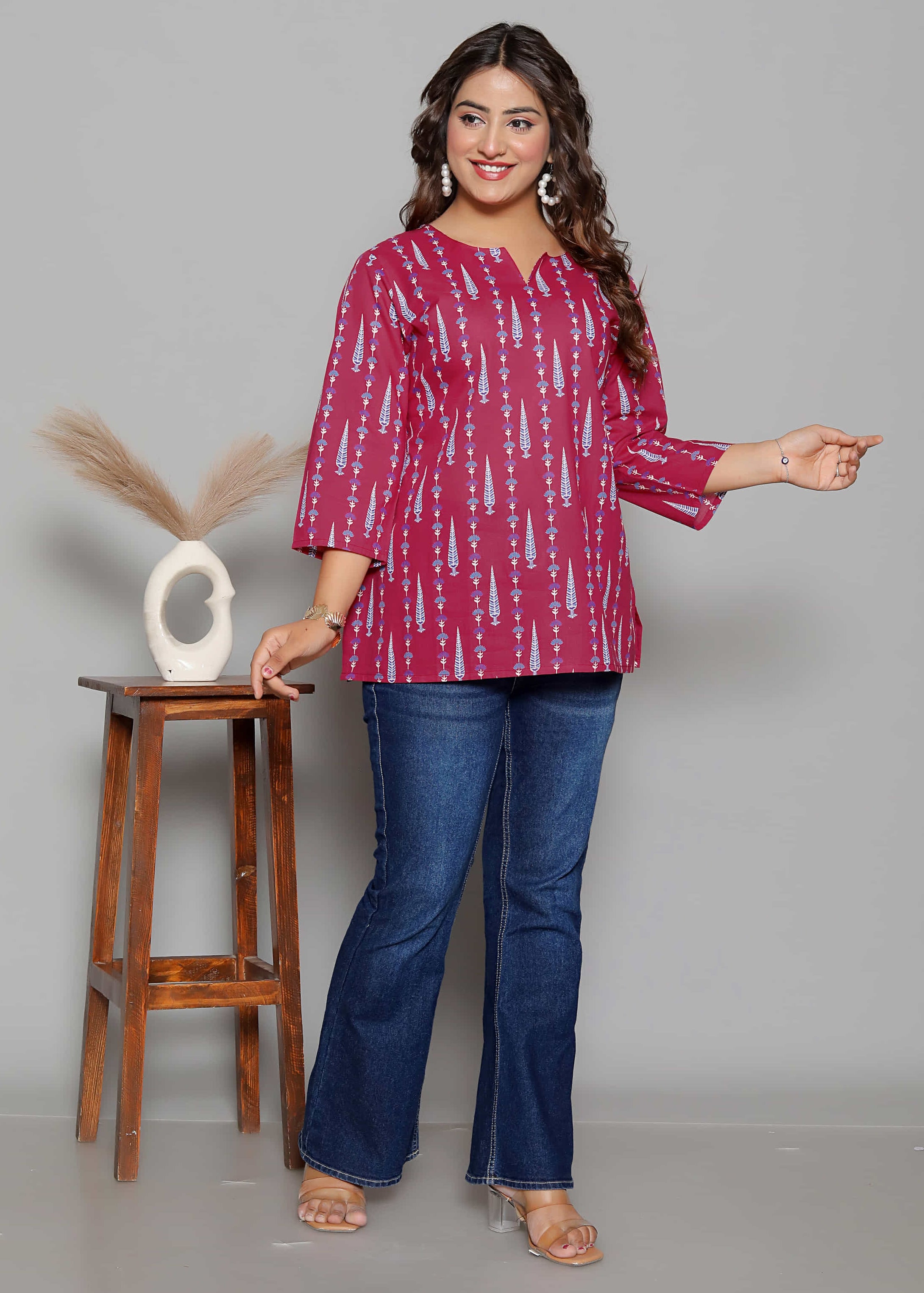 Red Cotton Printed Kurti Top