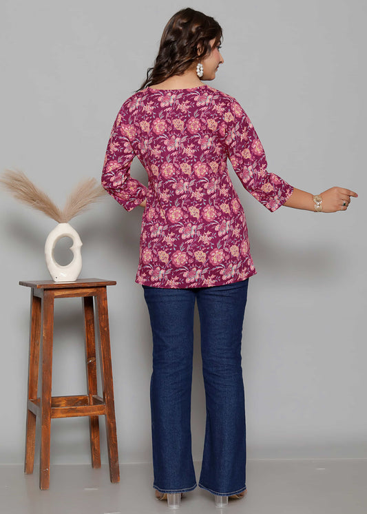 Maroon Cotton Printed Kurti Top