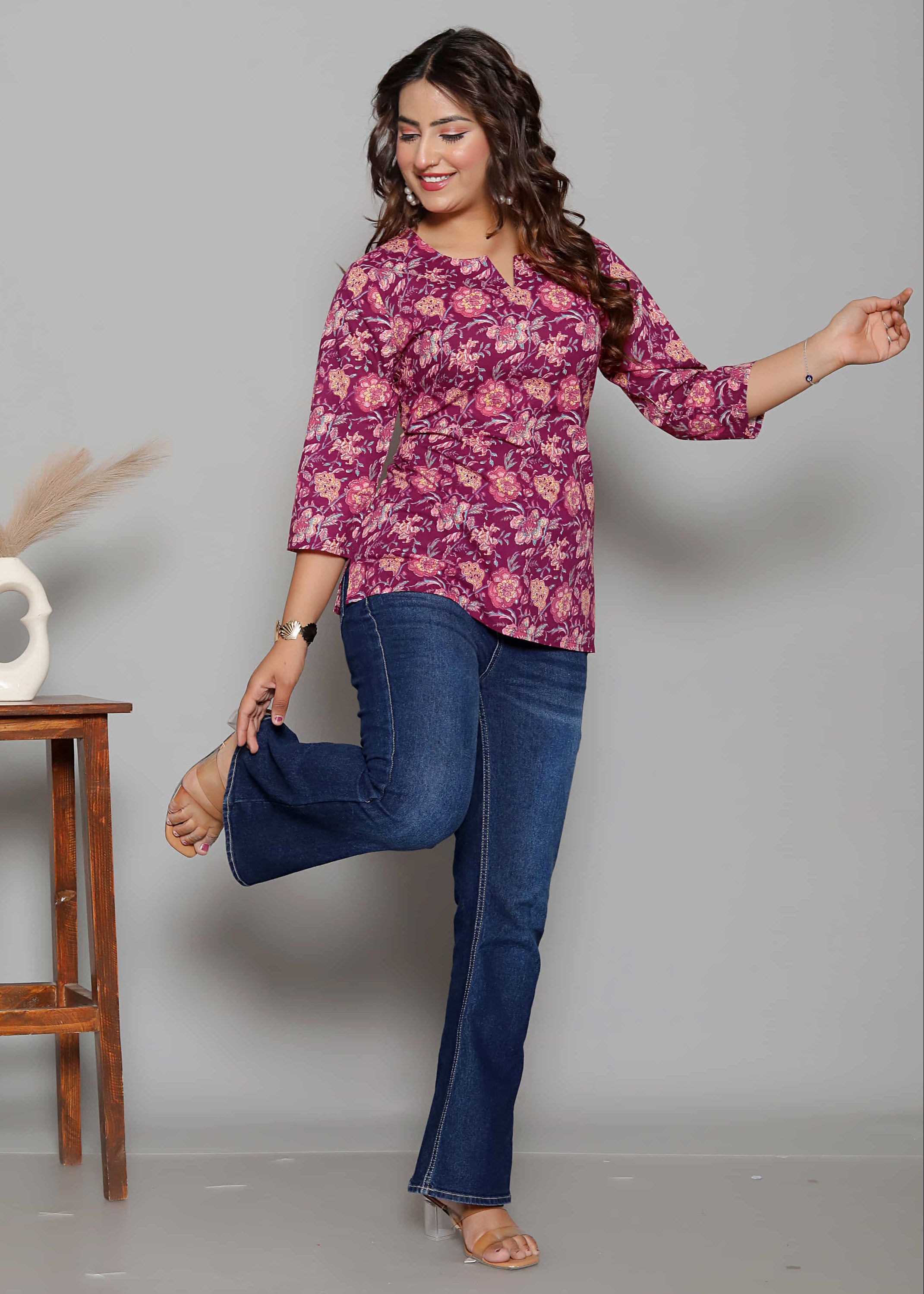 Maroon Cotton Printed Kurti Top