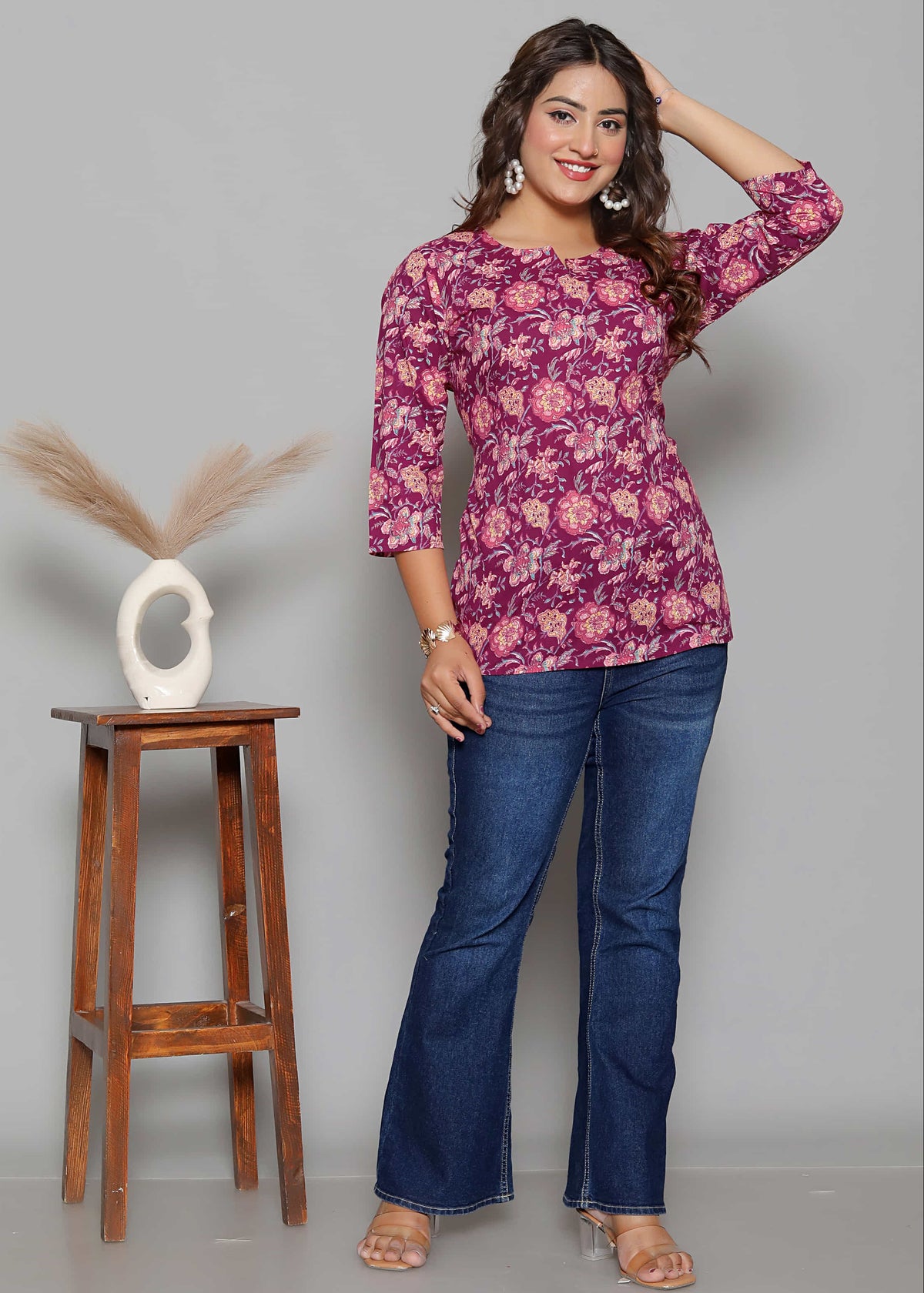 Maroon Cotton Printed Kurti Top