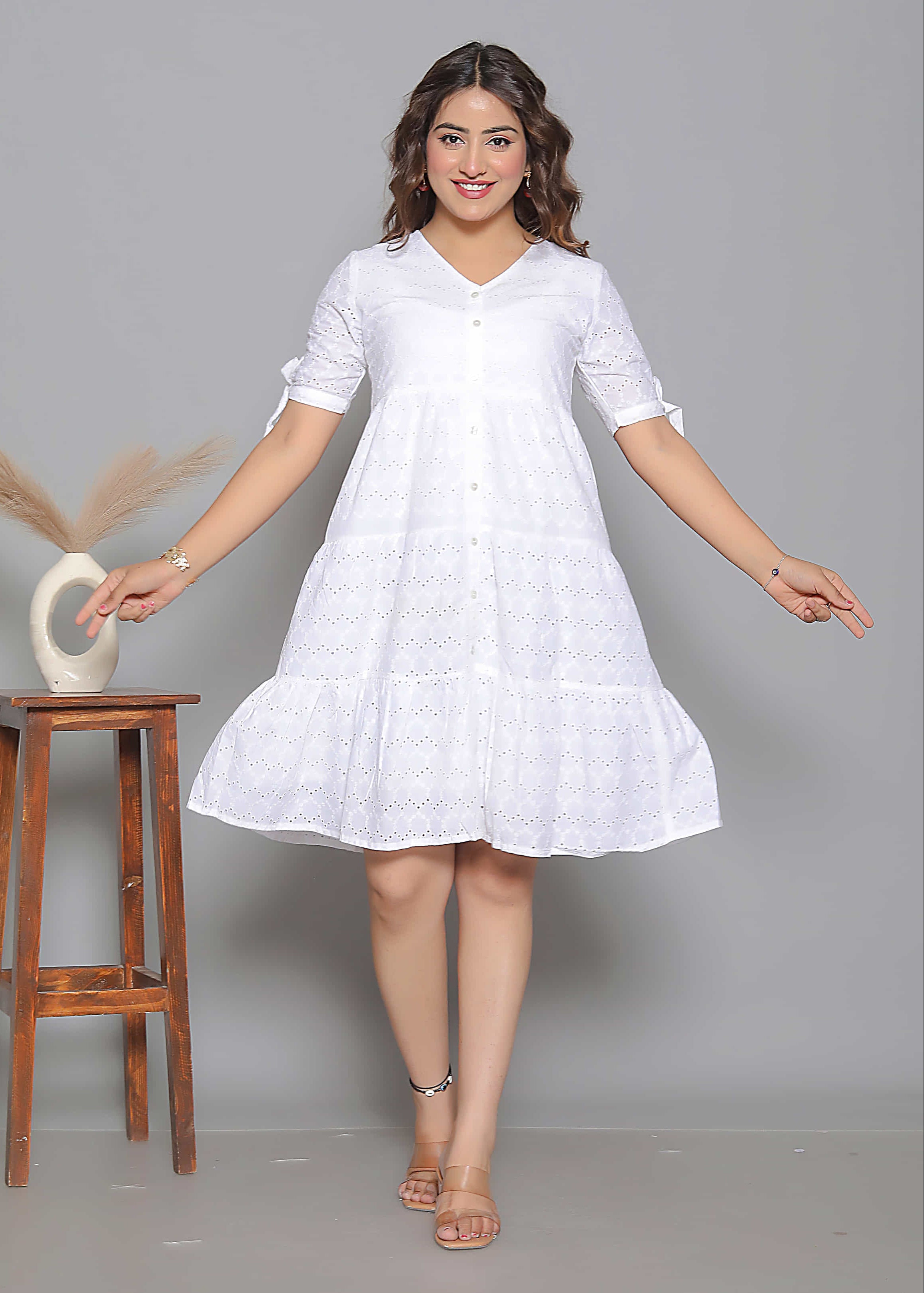 White Eyelet Embroidery Flared Dress