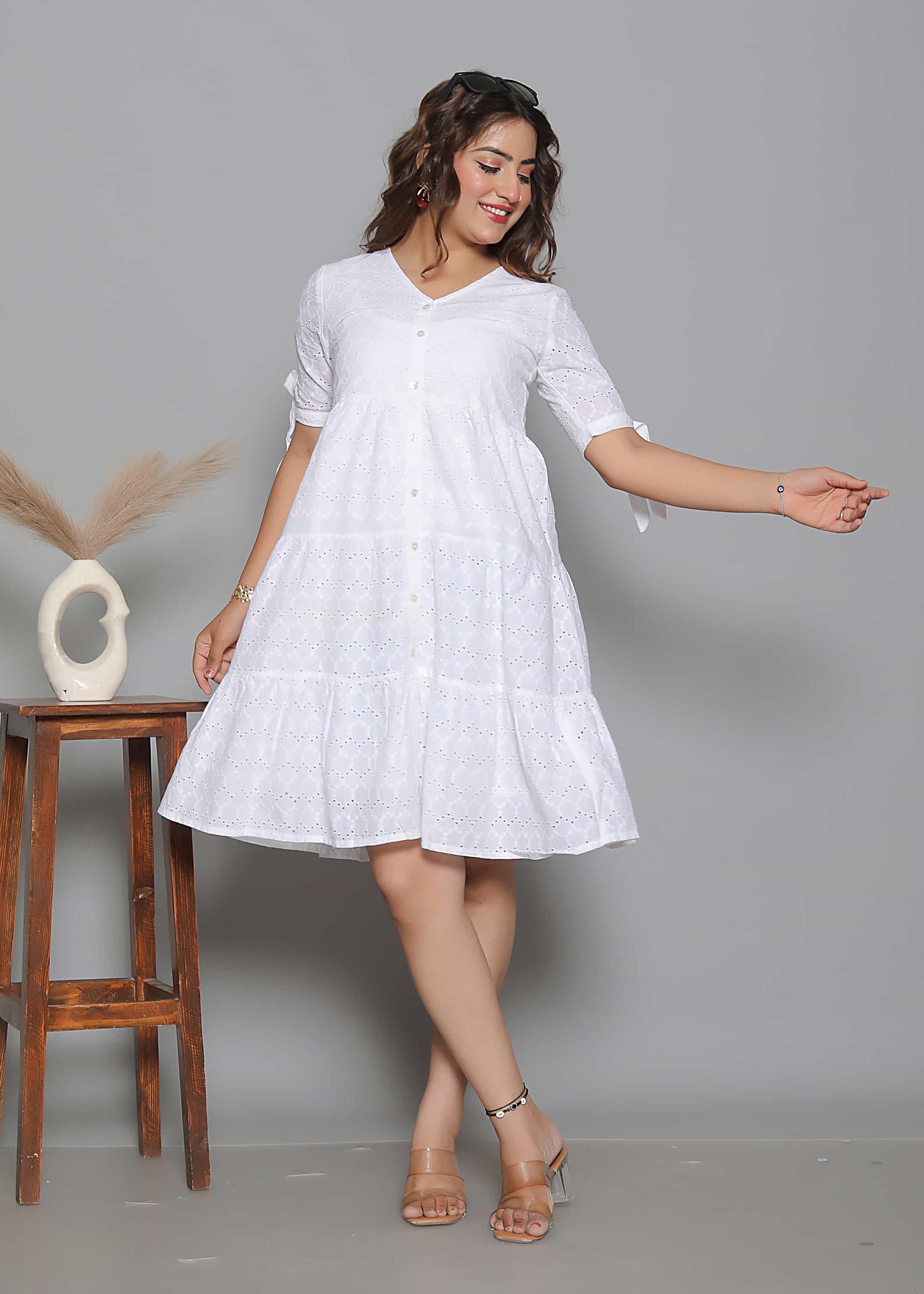 White Eyelet Embroidery Flared Dress