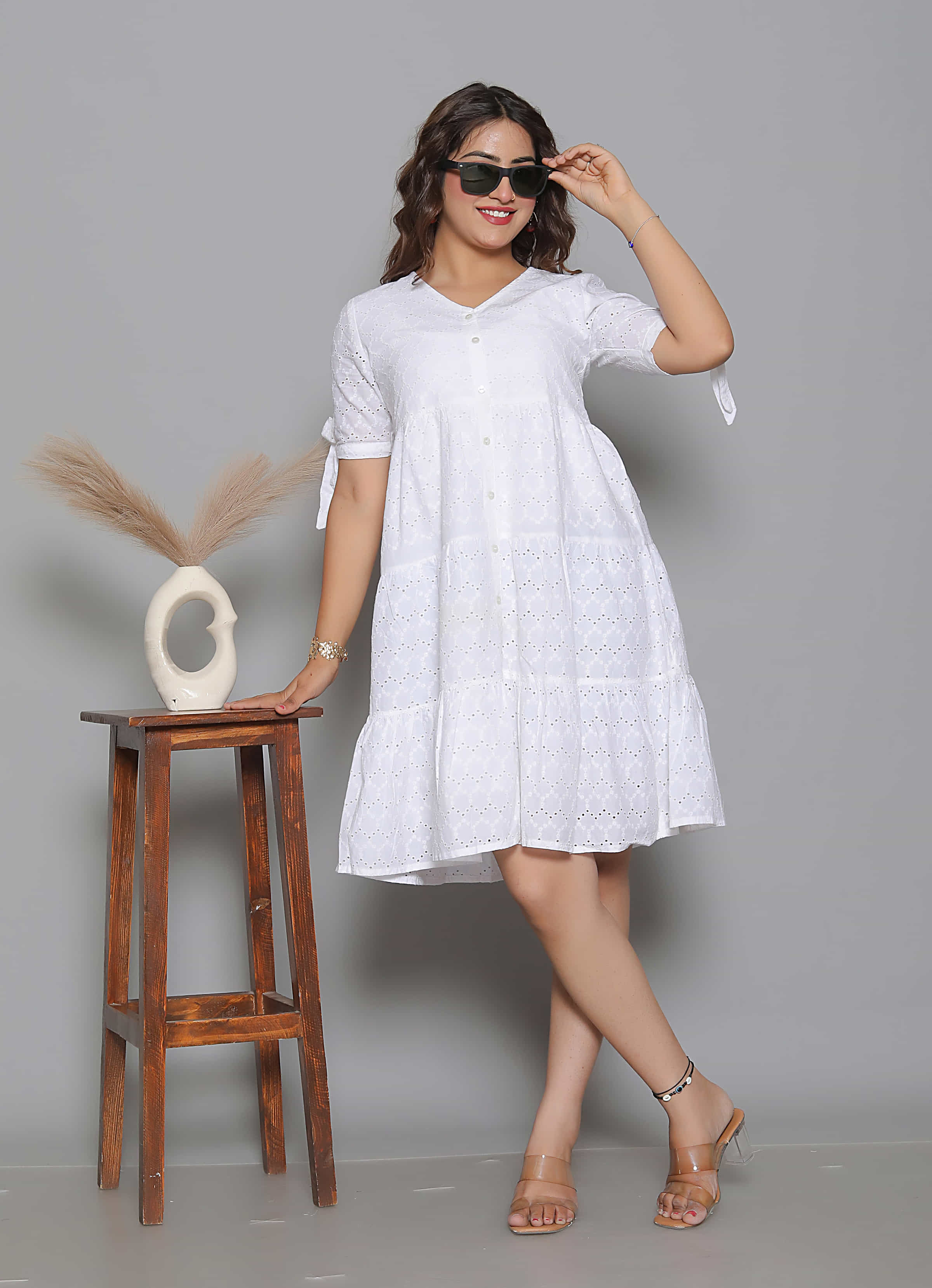White Eyelet Embroidery Flared Summer Dress