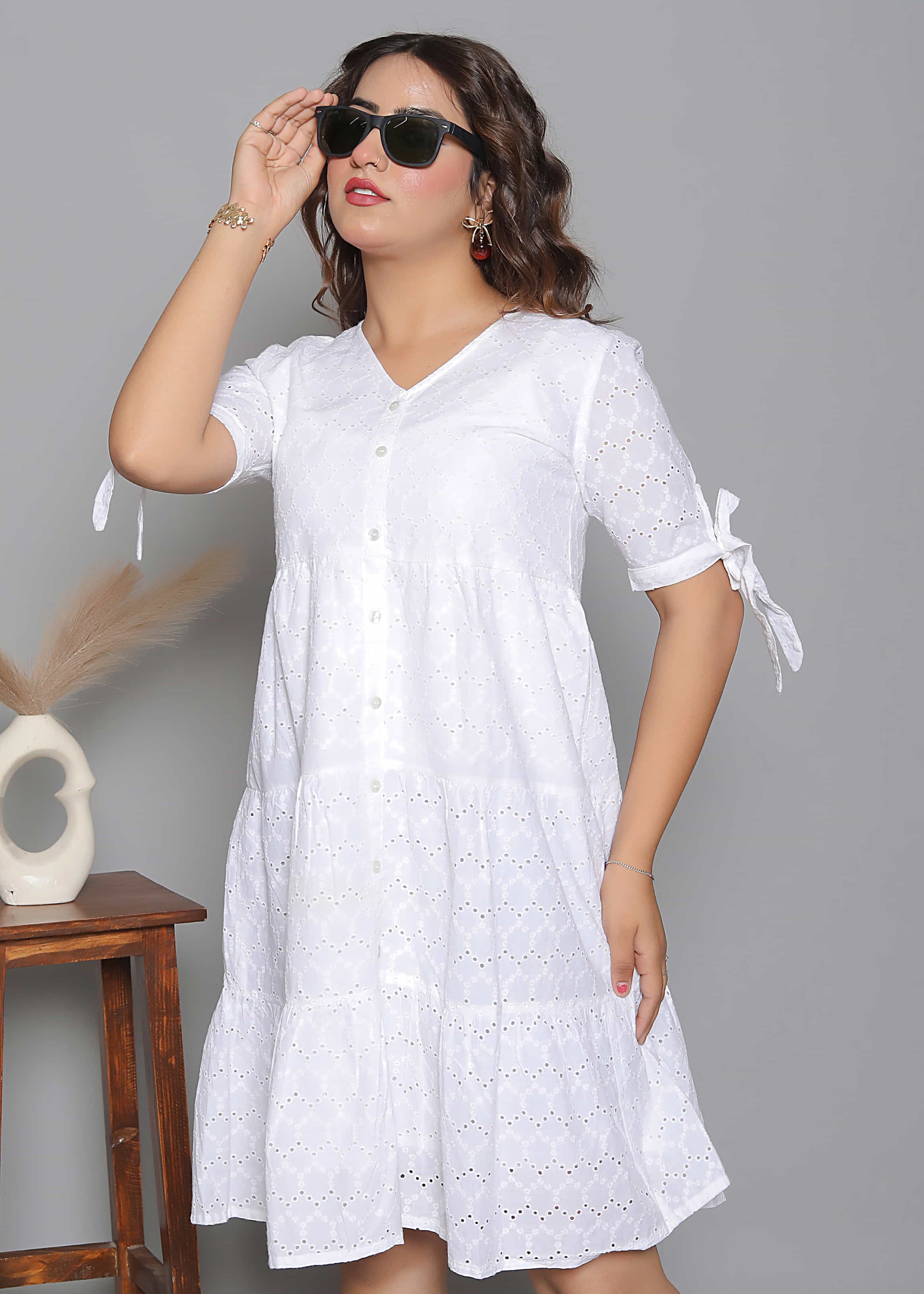 White Eyelet Embroidery Flared Summer Dress