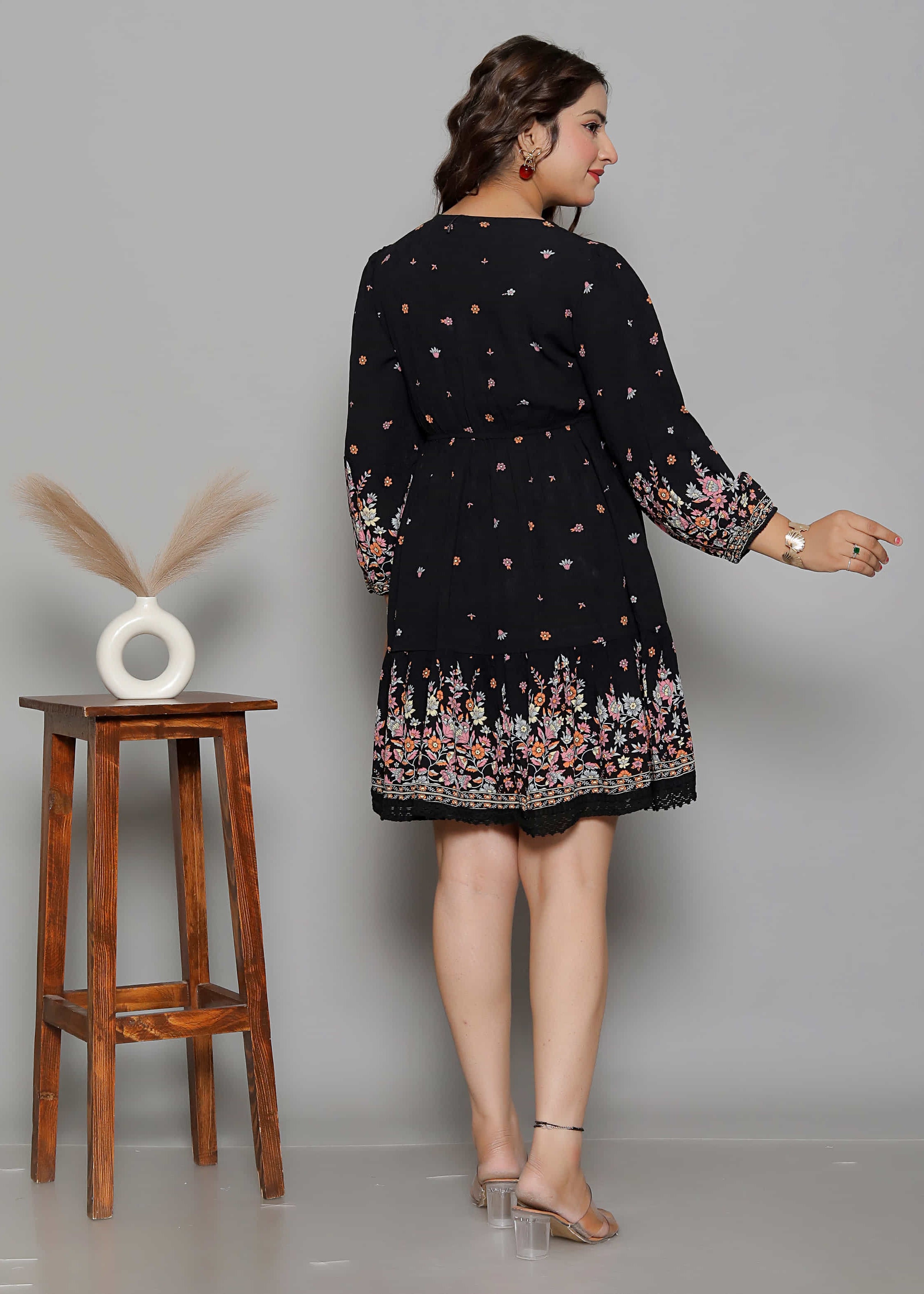 Black Floral Printed Short Dress