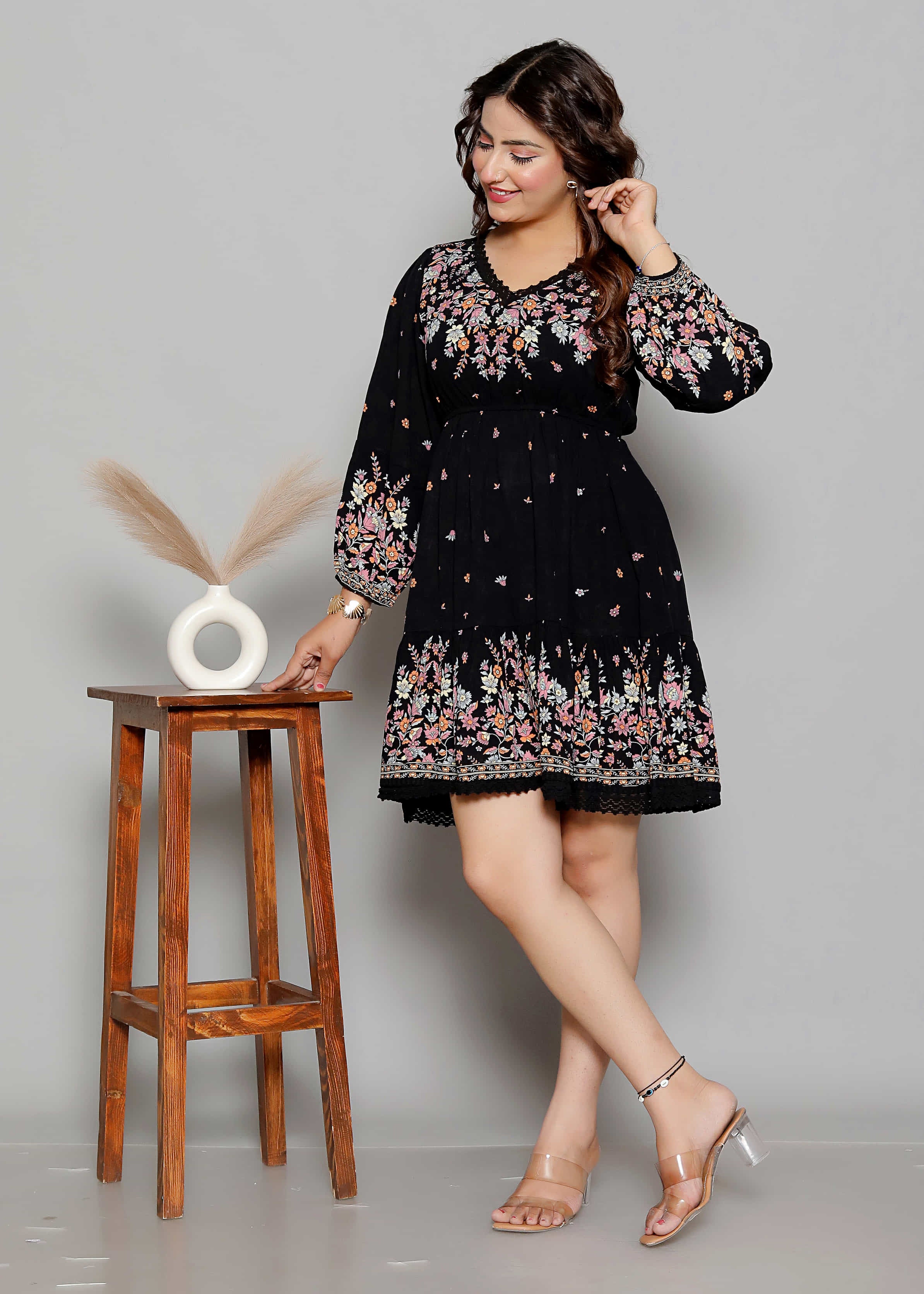 Black Floral Printed Short Dress