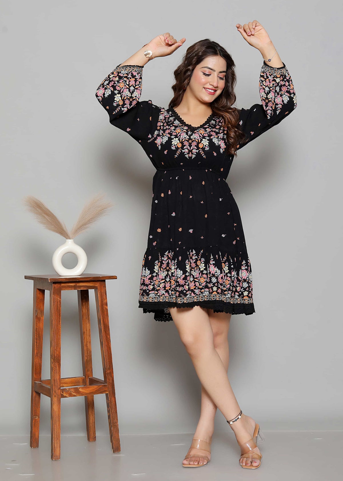 Black Floral Printed Short Dress