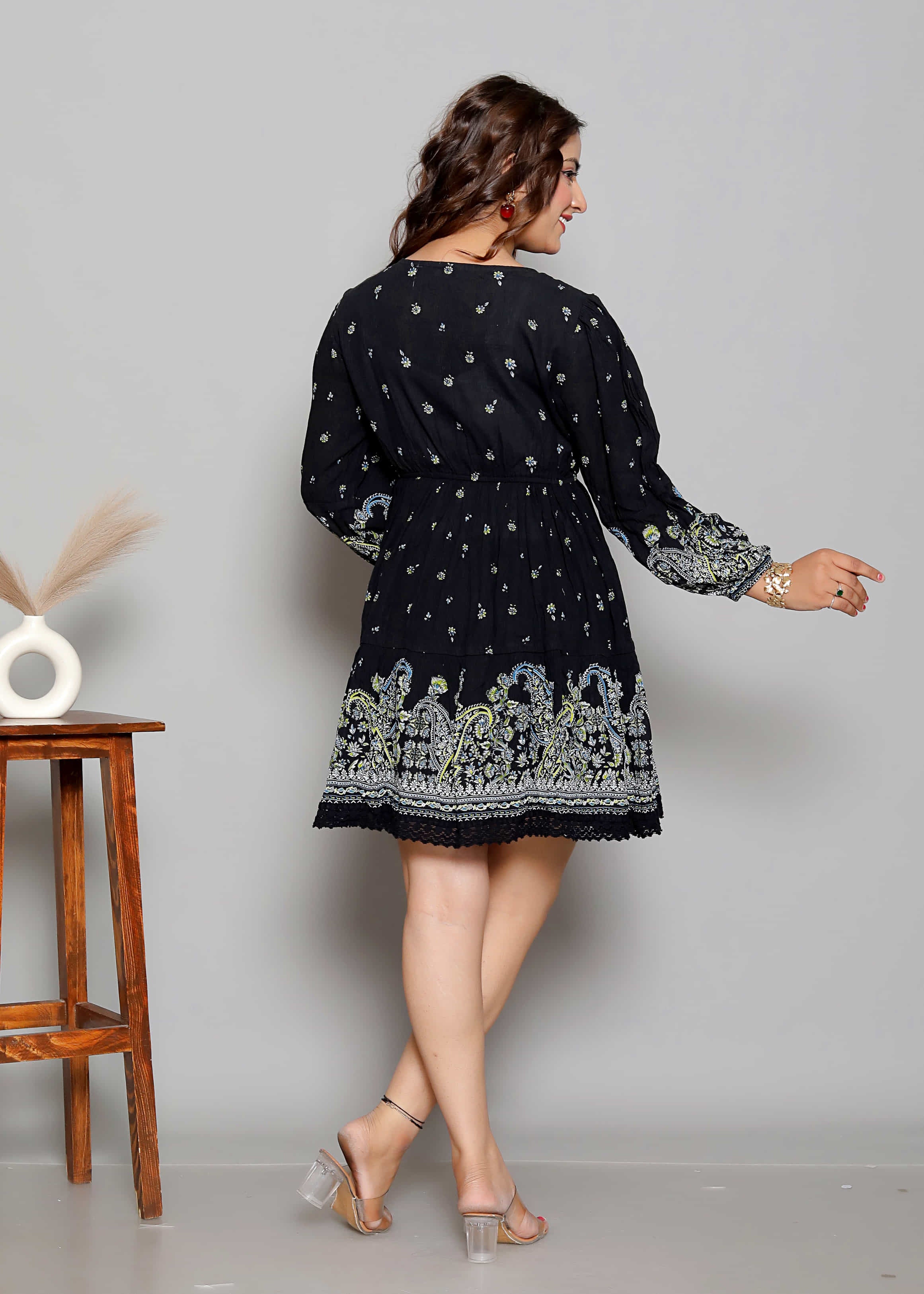 Black Printed Fit and Flare Short Dress