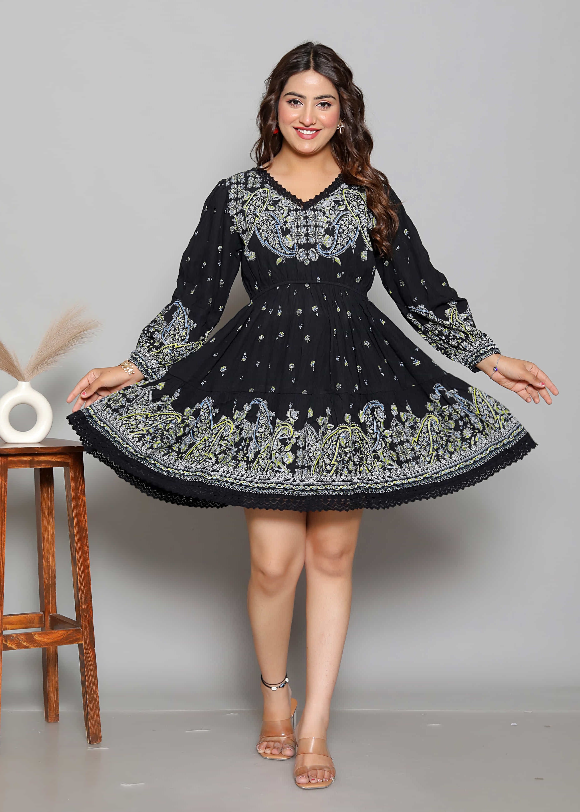 Black Printed Fit and Flare Short Dress