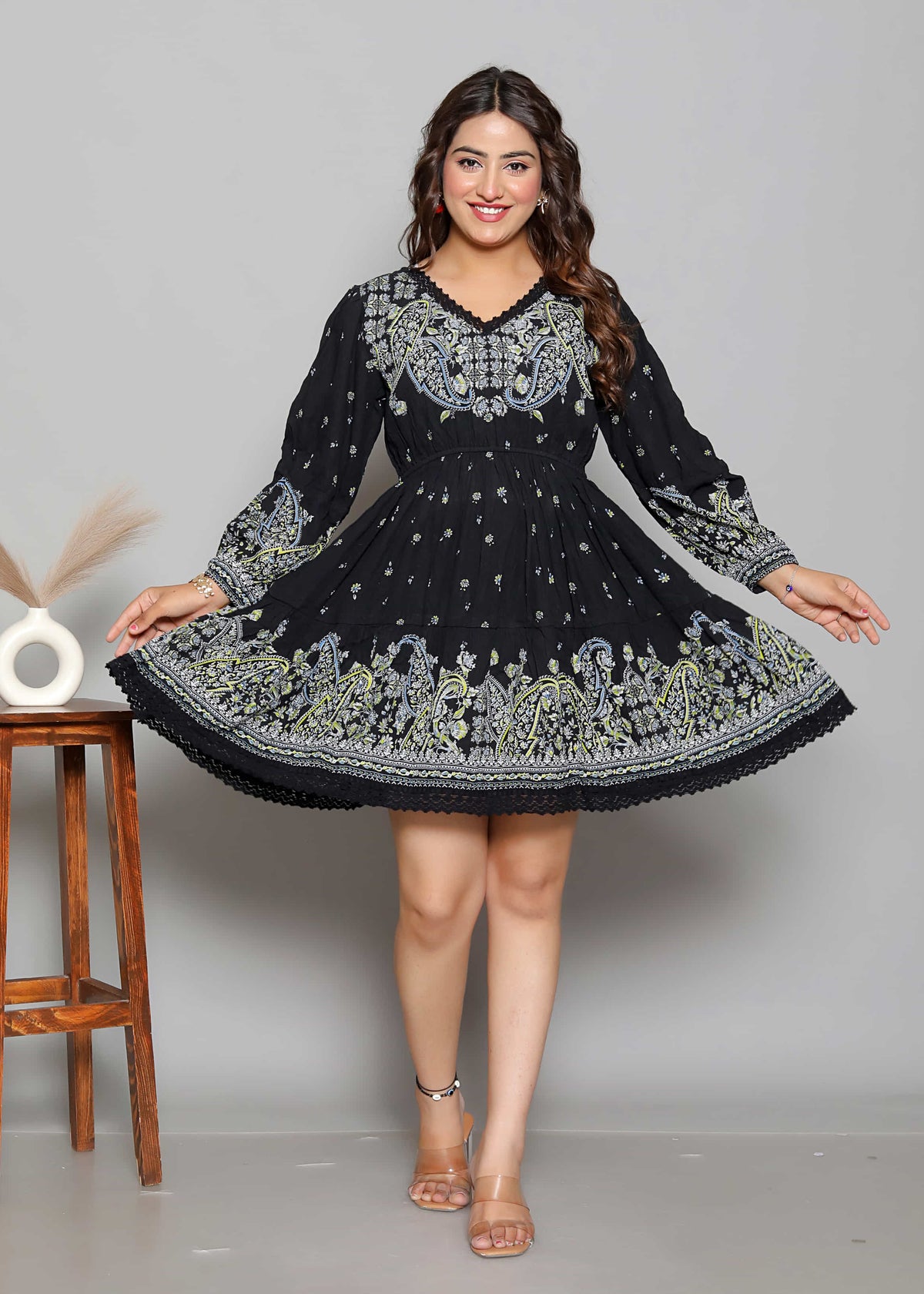 Black Printed Fit and Flare Short Dress