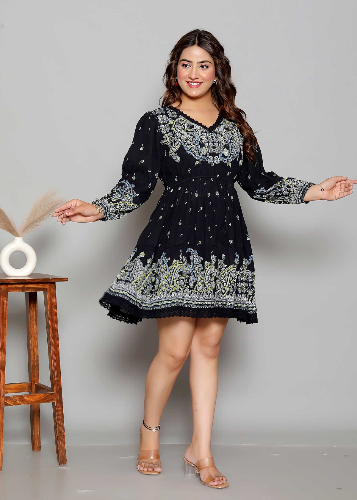 Black Printed Fit and Flare Short Dress