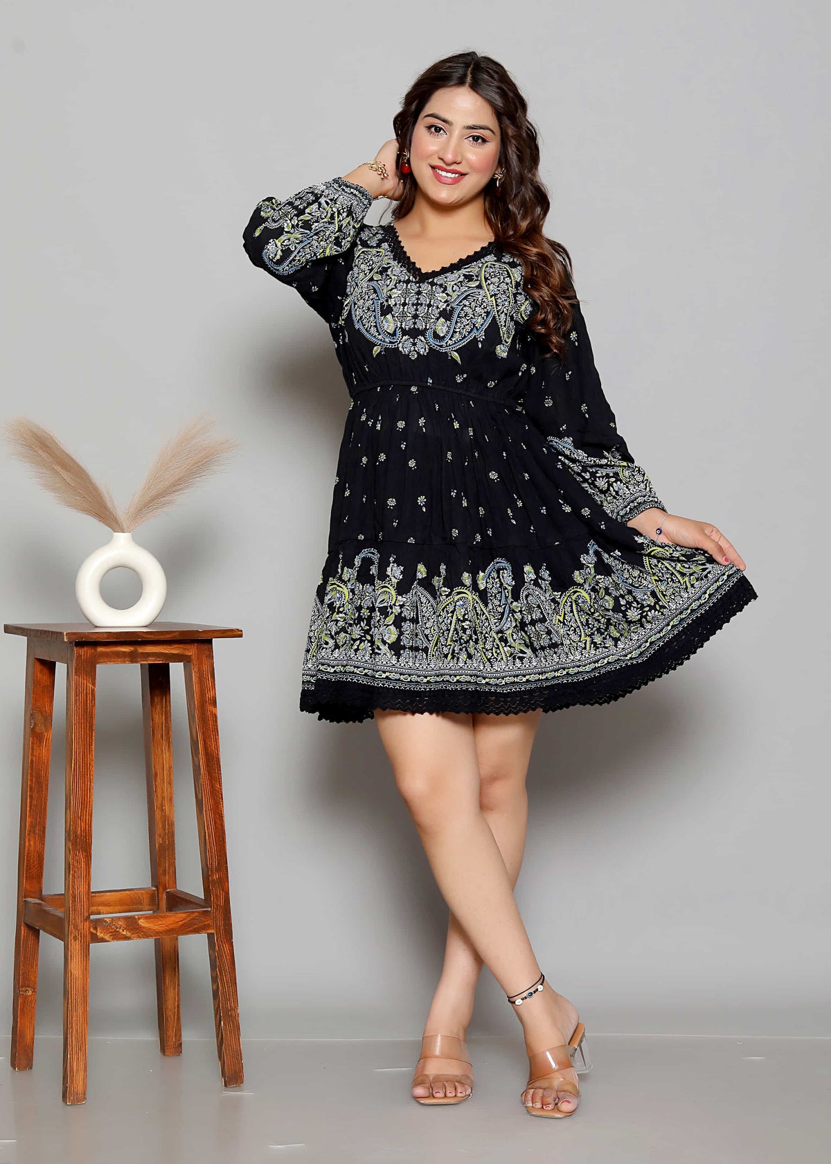 Black Printed Fit and Flare Short Dress