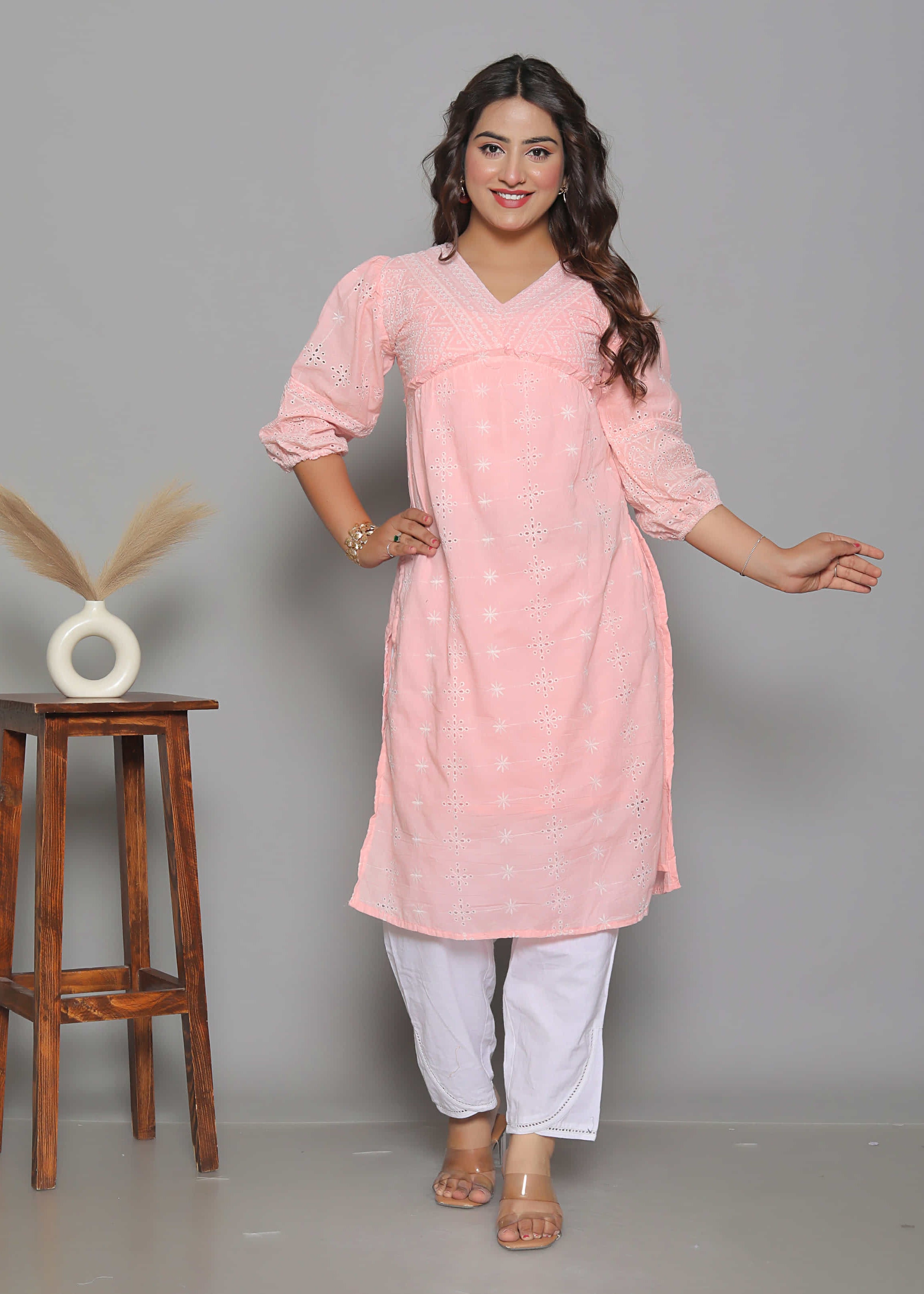 Pink Schiffli Cotton Straight Comfort Kurti