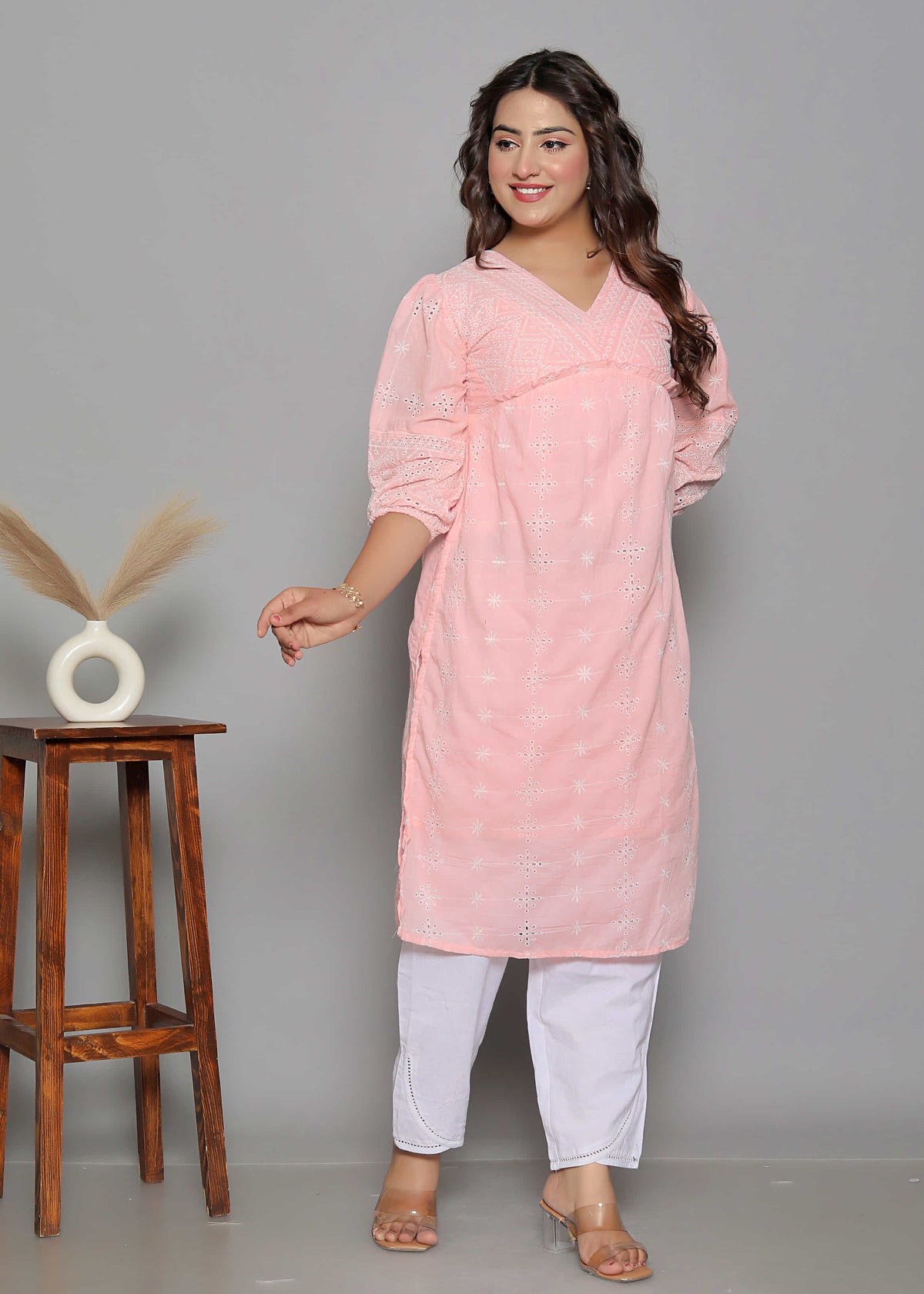 Pink Schiffli Cotton Straight Comfort Kurti