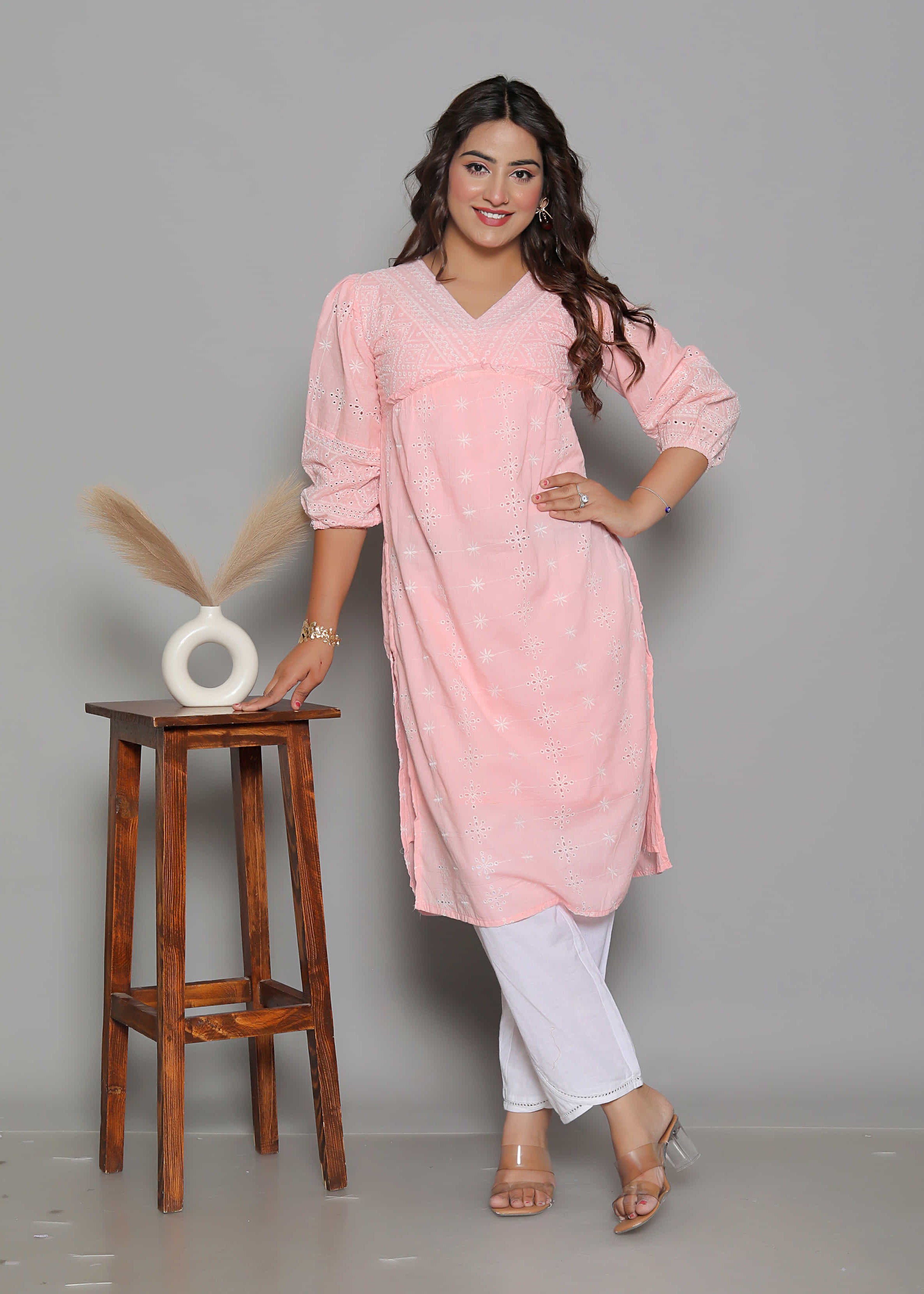 Pink Schiffli Cotton Straight Comfort Kurti