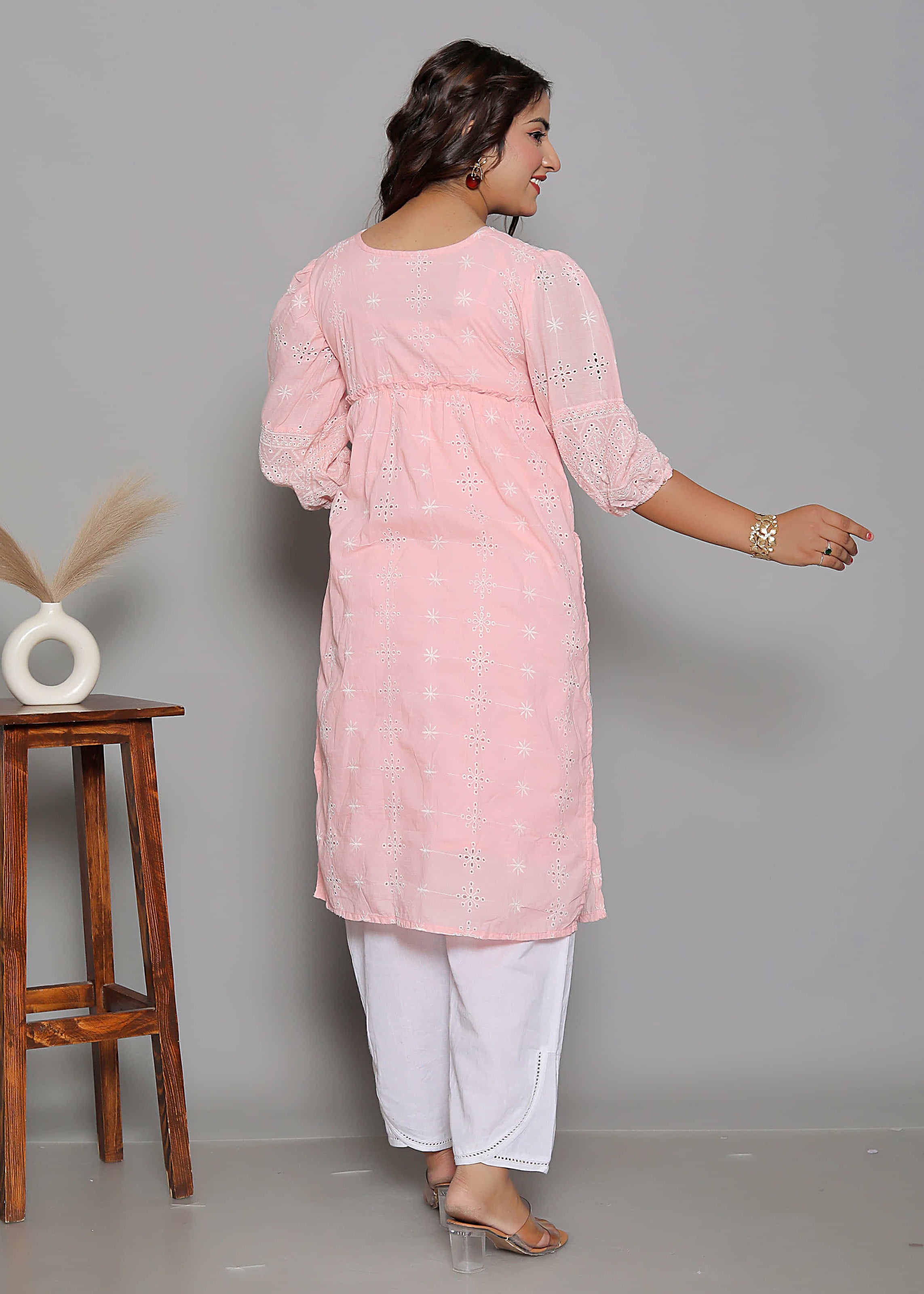 Pink Schiffli Cotton Straight Comfort Kurti