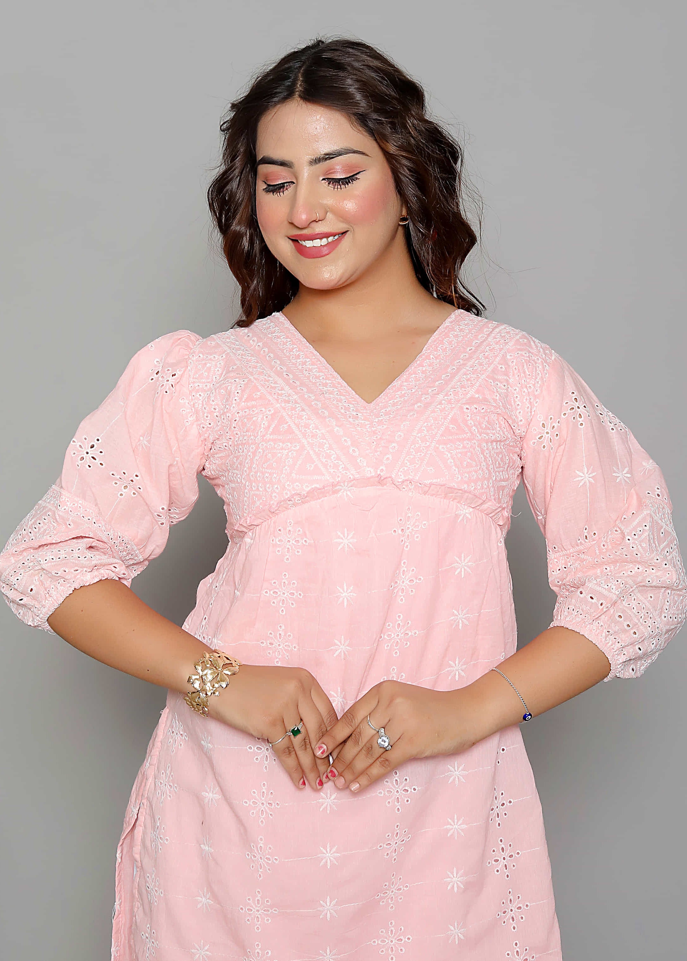 Pink Schiffli Cotton Straight Comfort Kurti