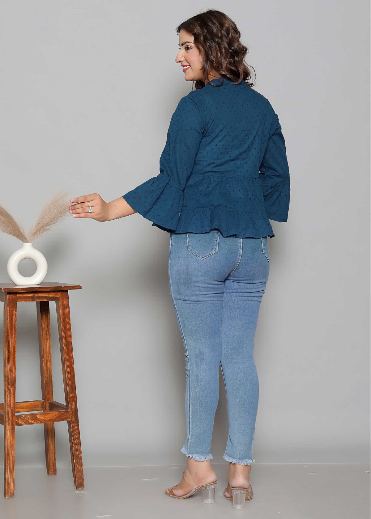 Dobby Texture Teal Peplum Top