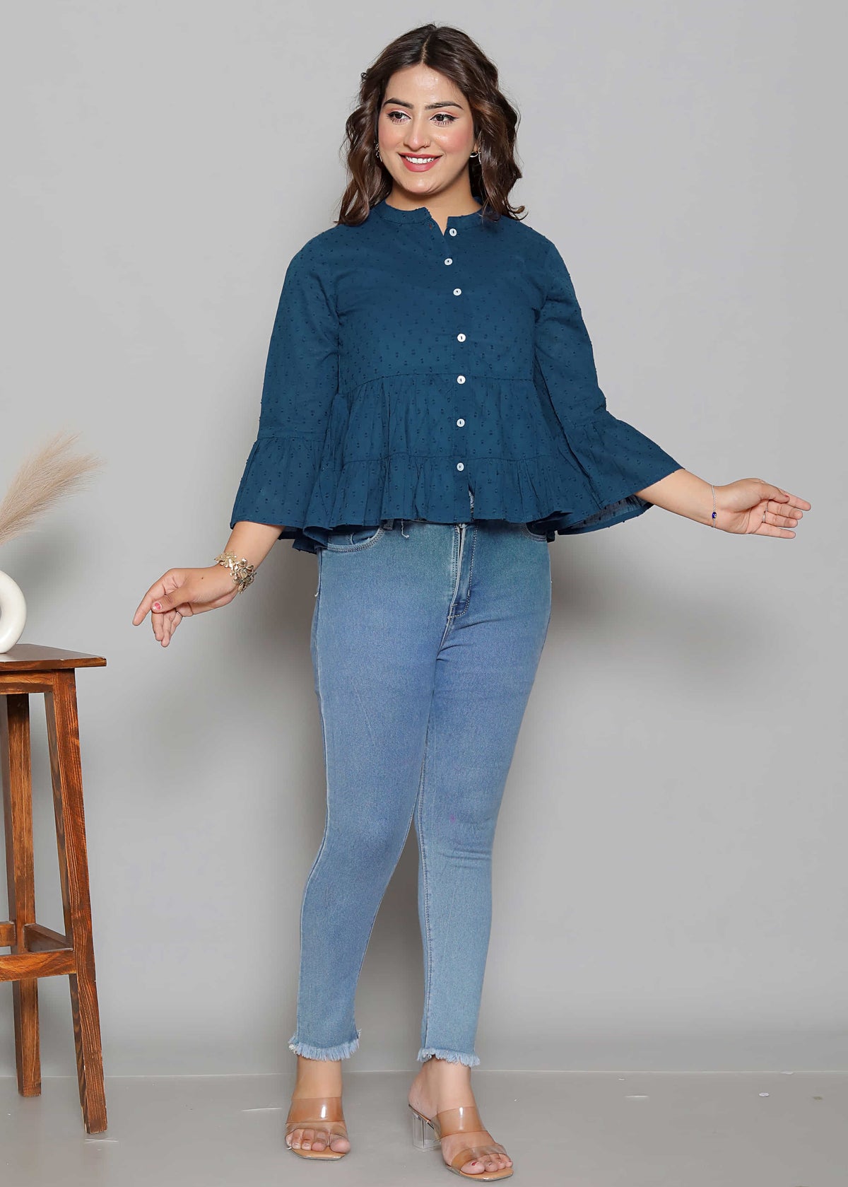 Dobby Texture Teal Peplum Top