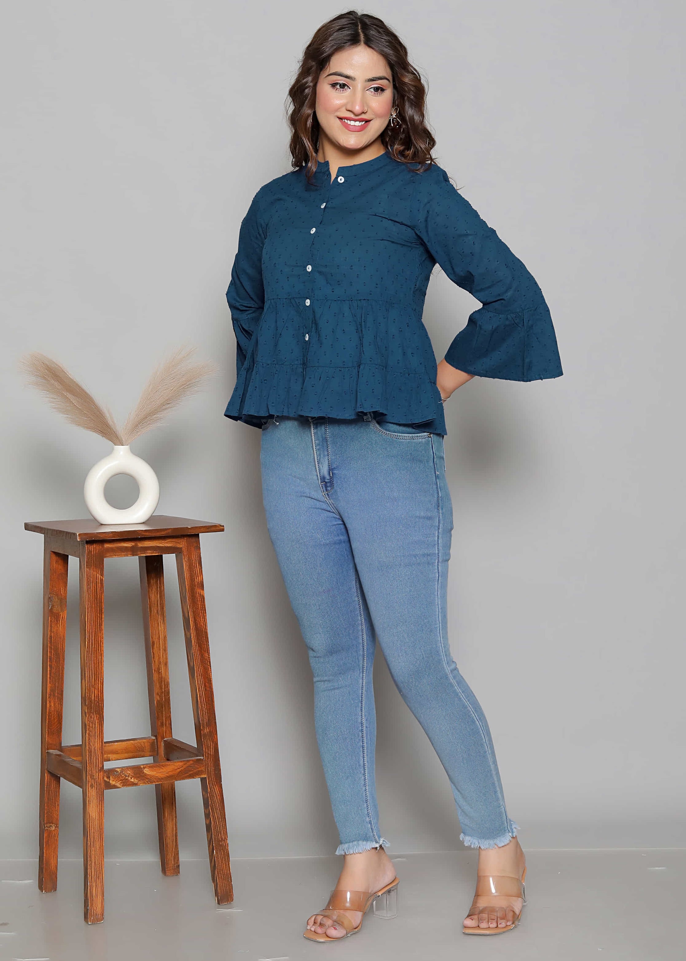 Dobby Texture Teal Peplum Top