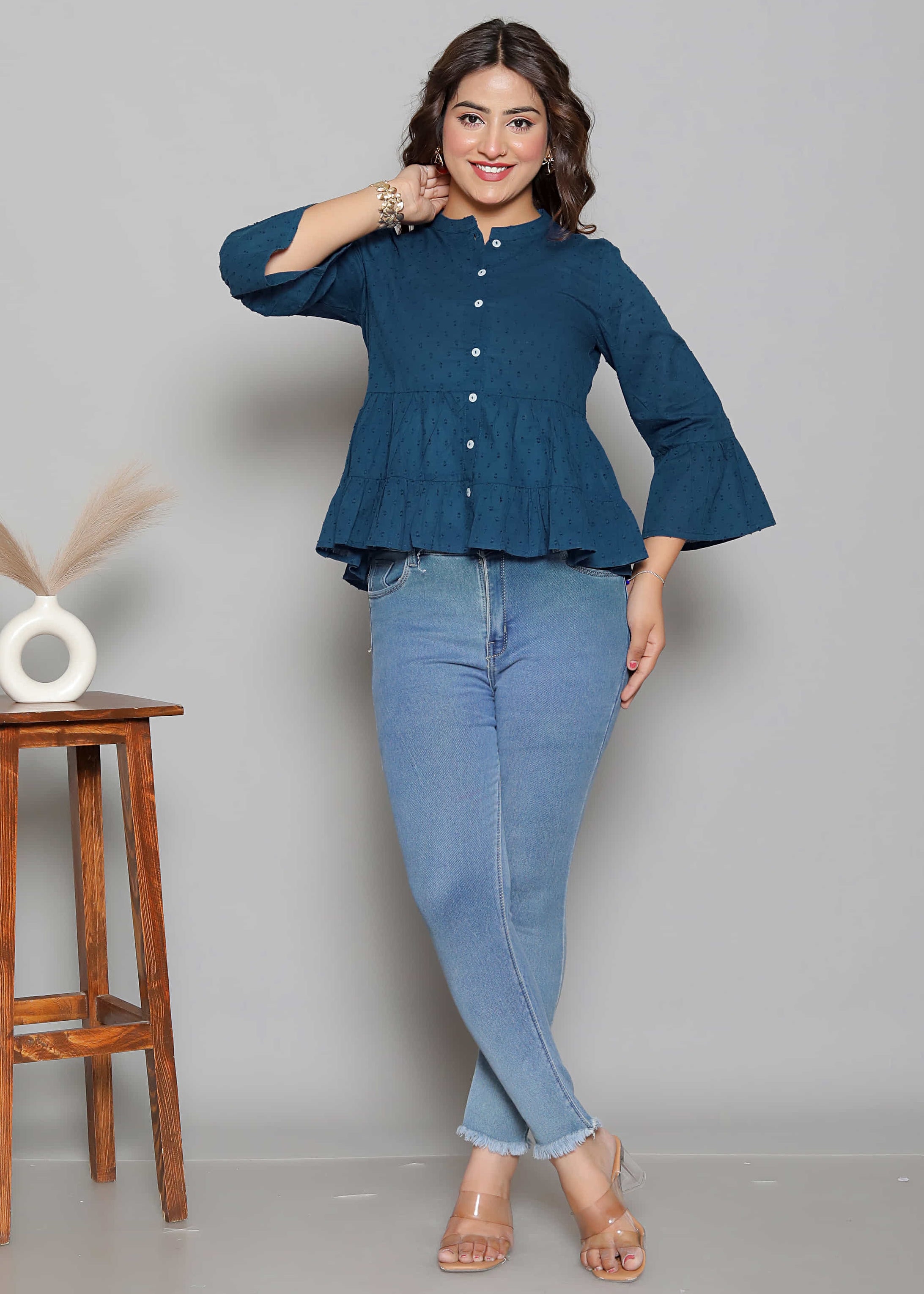 Dobby Texture Teal Peplum Top