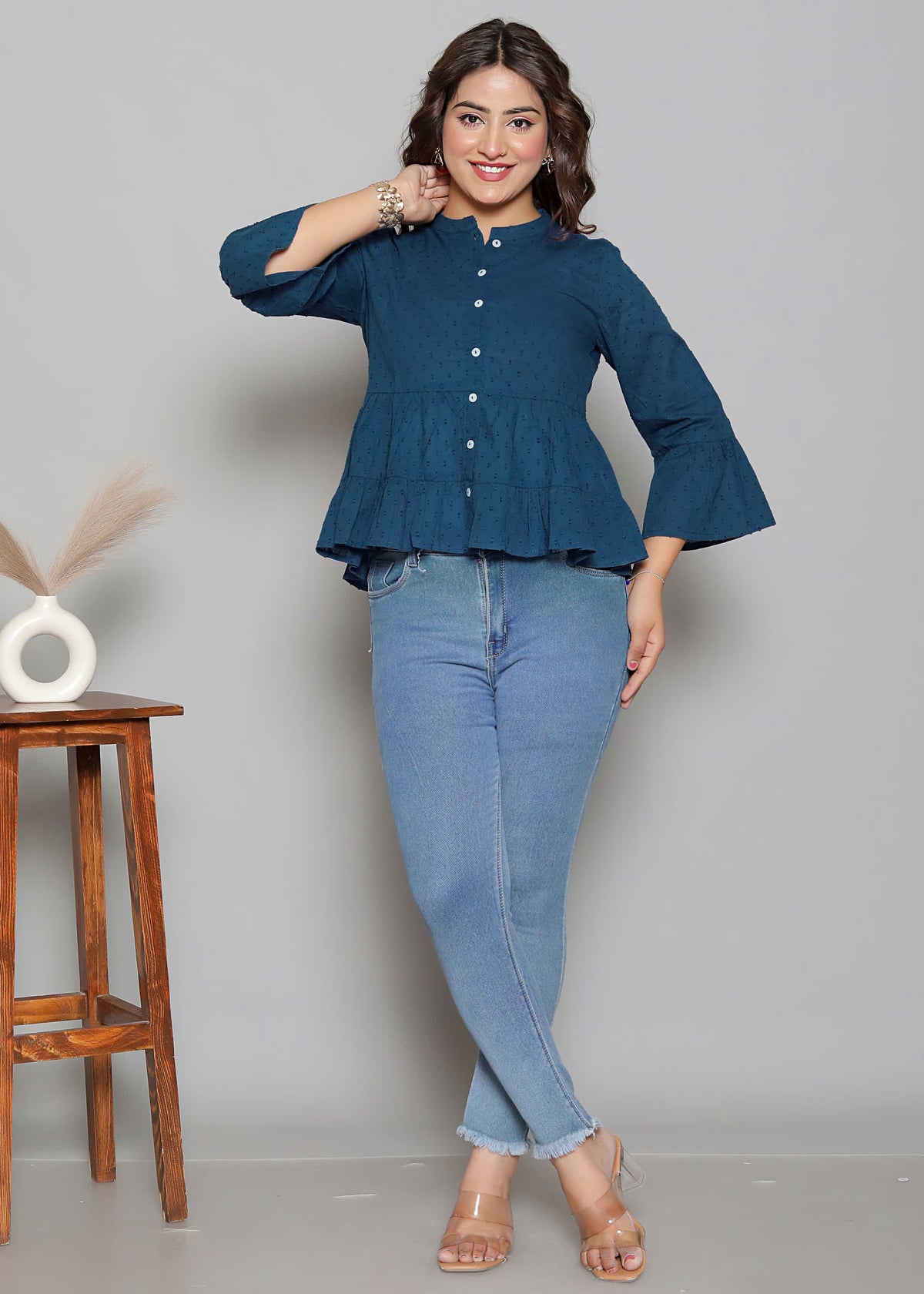 Dobby Texture Teal Peplum Top