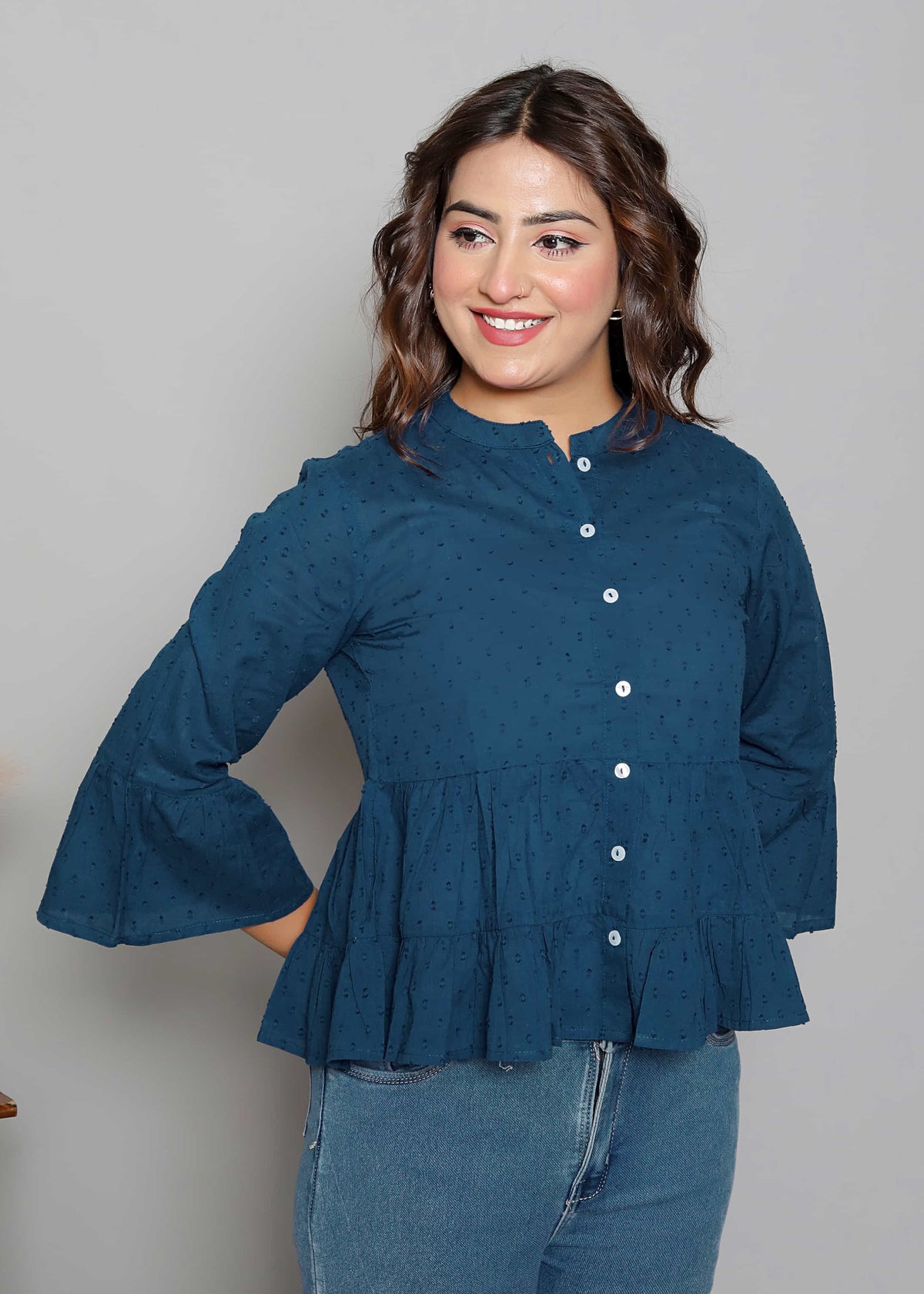 Dobby Texture Teal Peplum Top