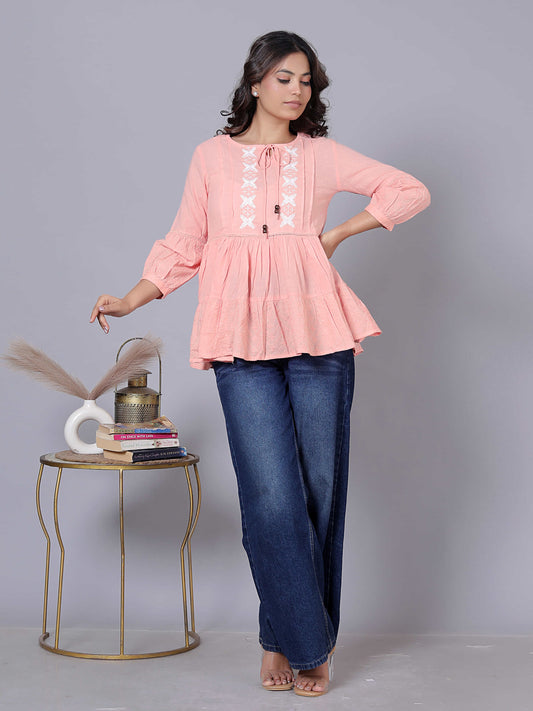 Embroidered Bishop Sleeve Cotton Top