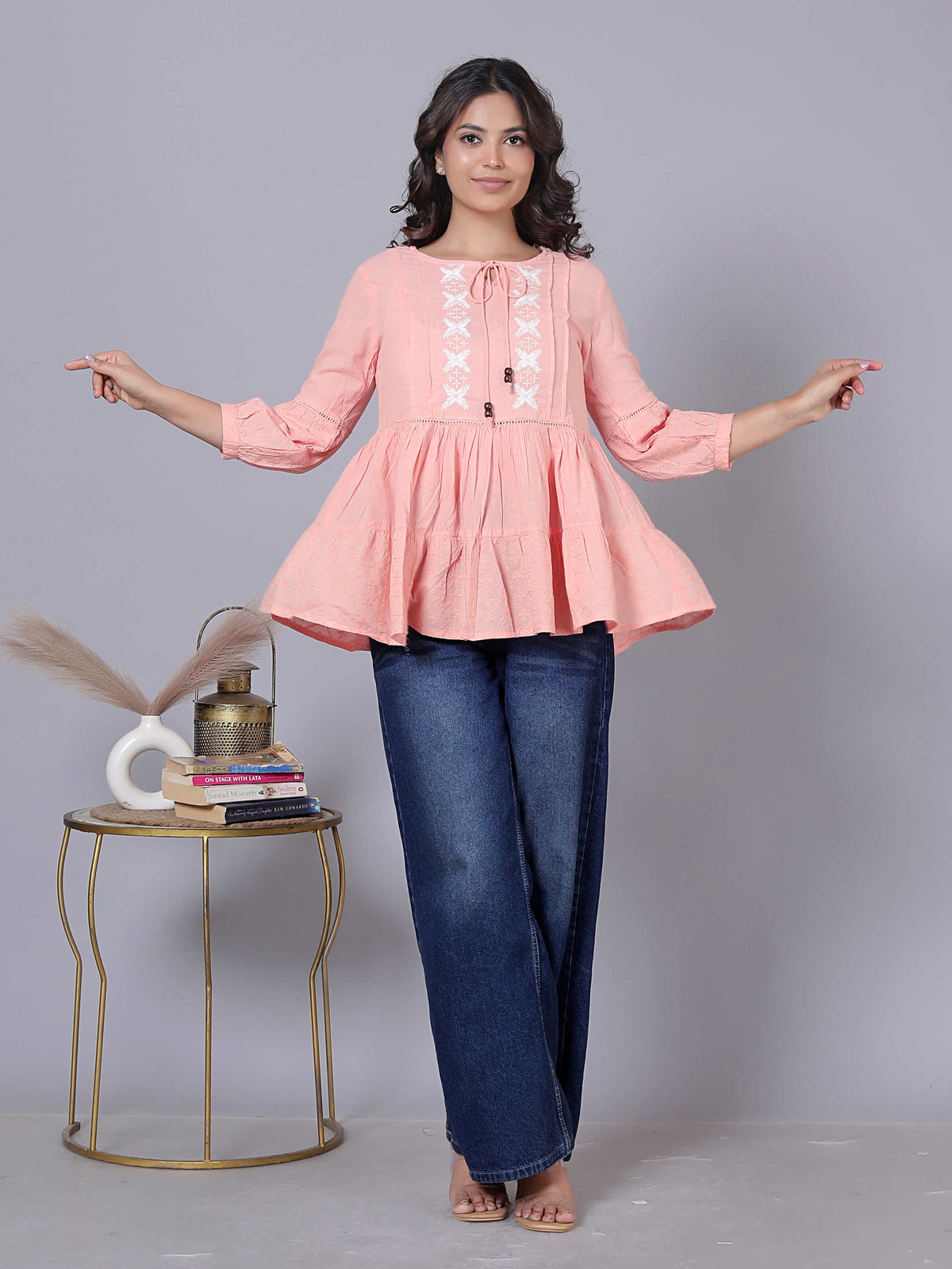 Embroidered Bishop Sleeve Cotton Top