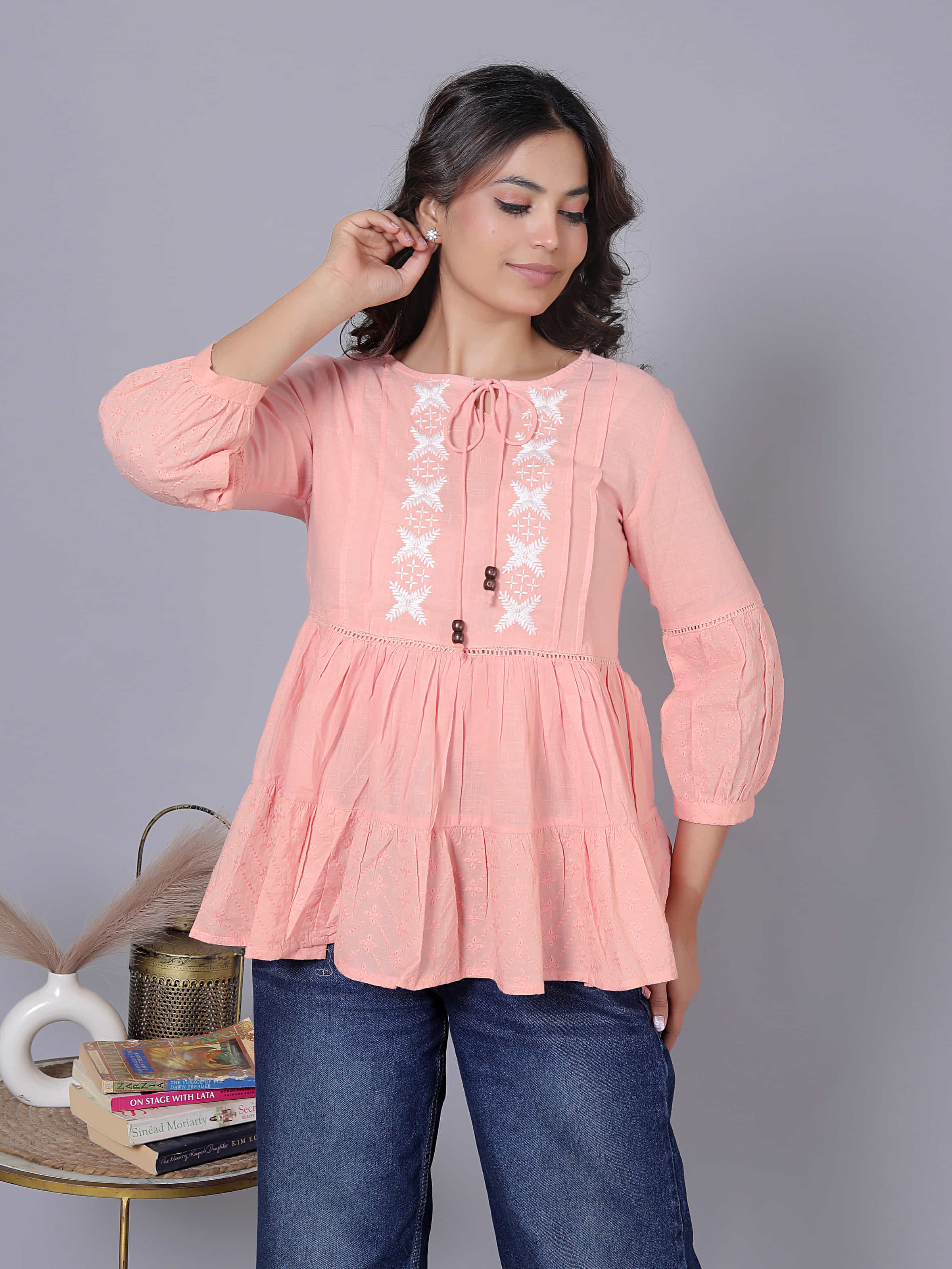 Embroidered Bishop Sleeve Cotton Top