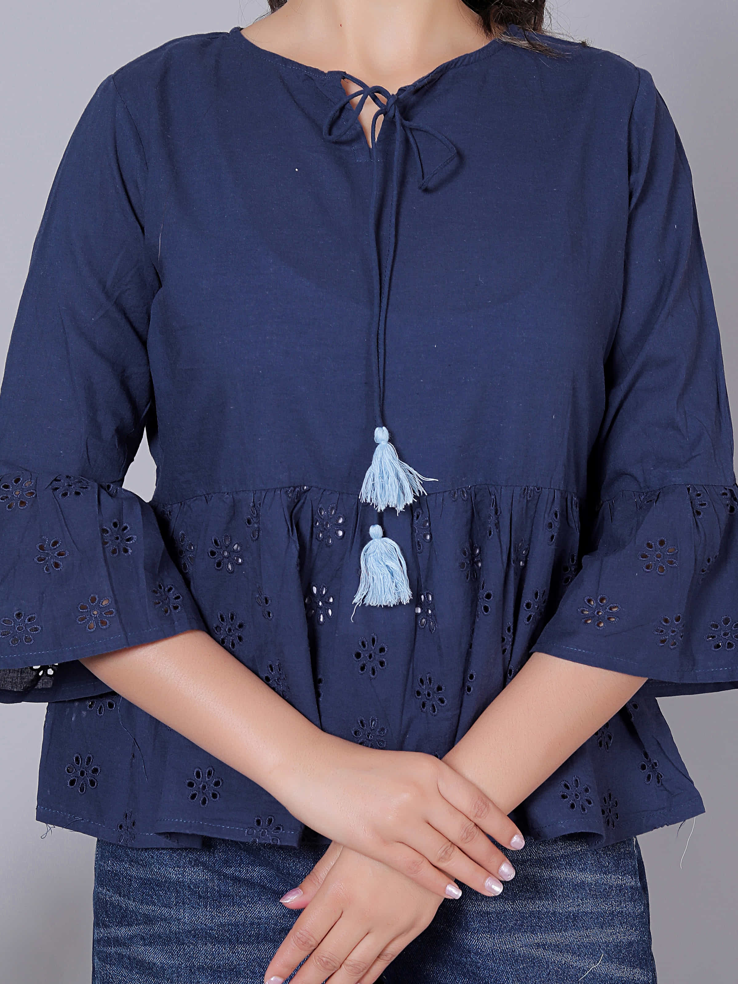 Laser Cut Flared Sleeve Cotton Peplum Top