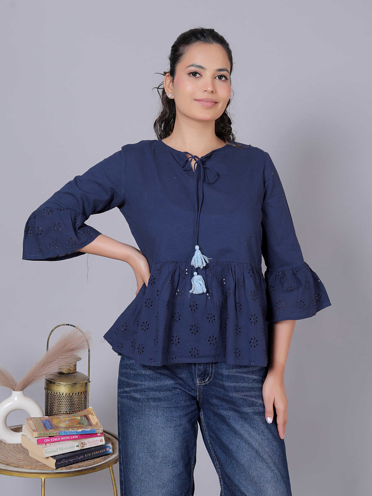 Laser Cut Flared Sleeve Cotton Peplum Top