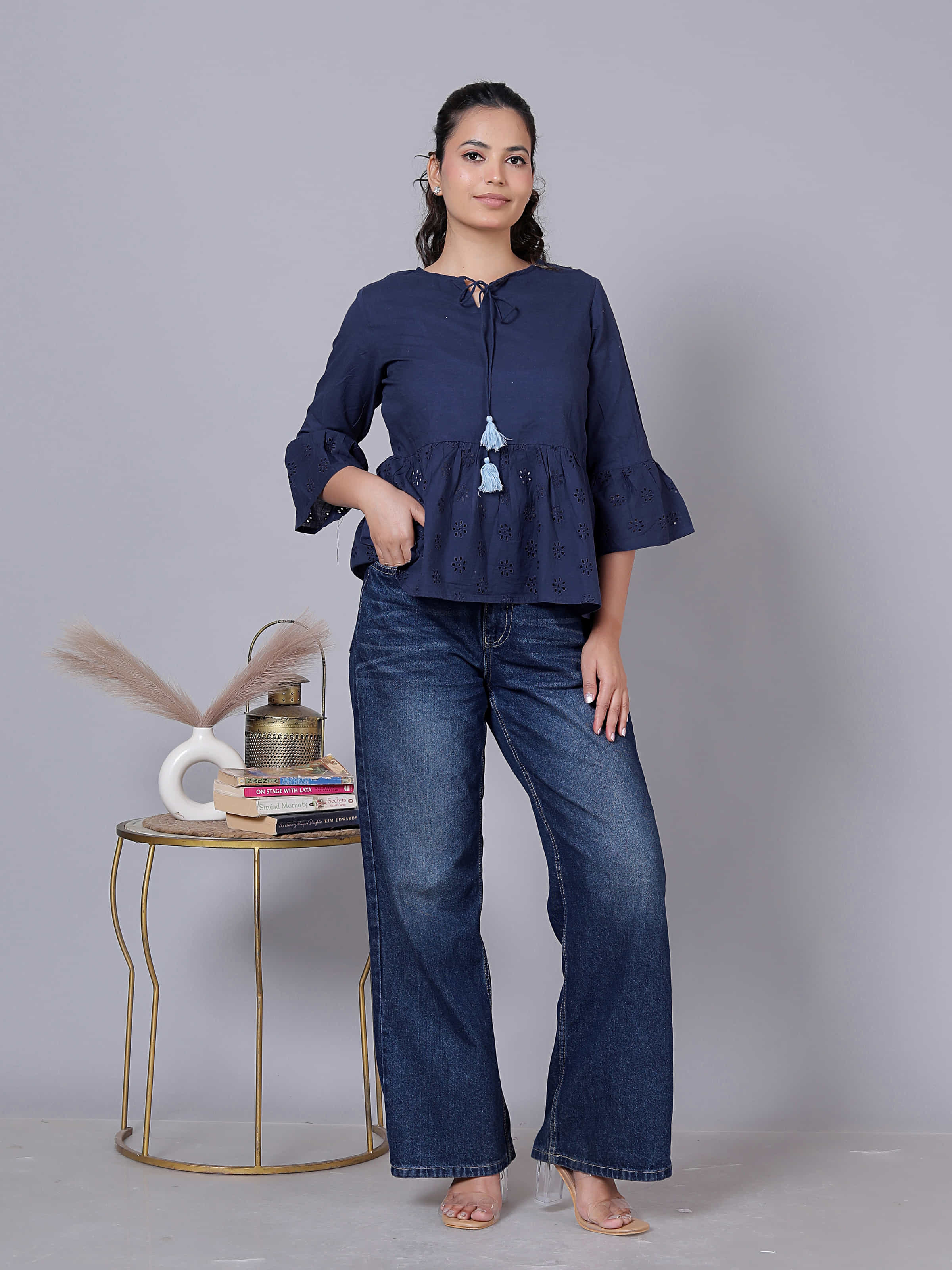 Laser Cut Flared Sleeve Cotton Peplum Top