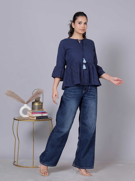 Laser Cut Flared Sleeve Cotton Peplum Top
