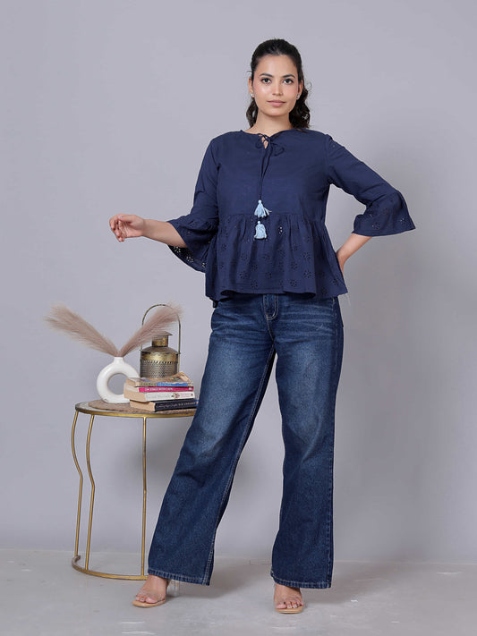 Laser Cut Flared Sleeve Cotton Peplum Top