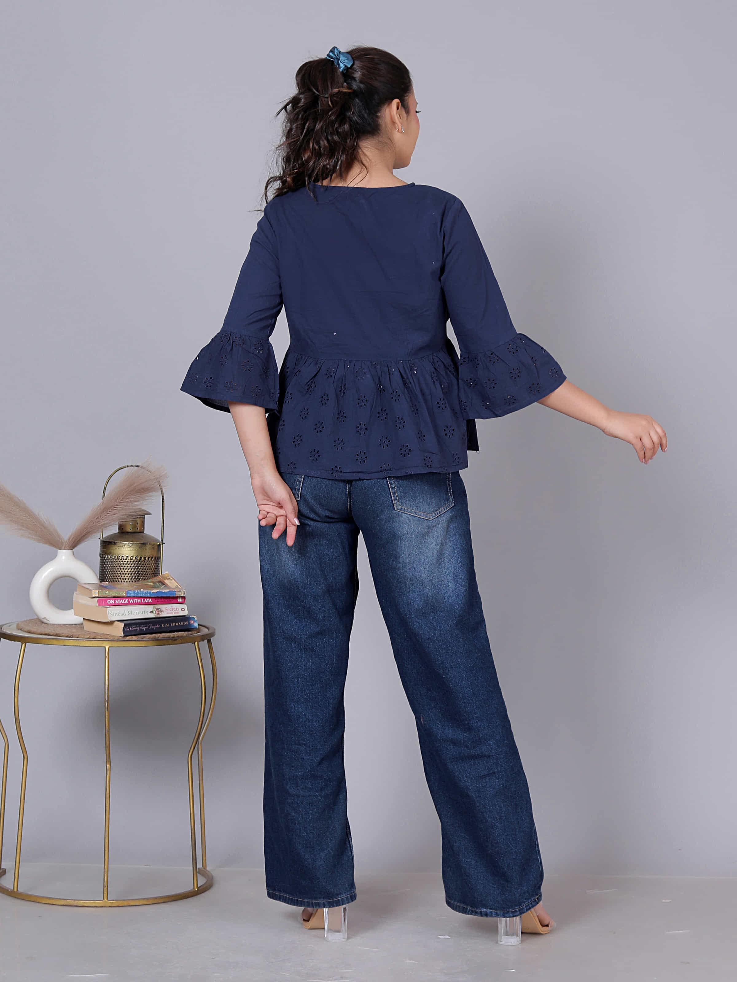Laser Cut Flared Sleeve Cotton Peplum Top