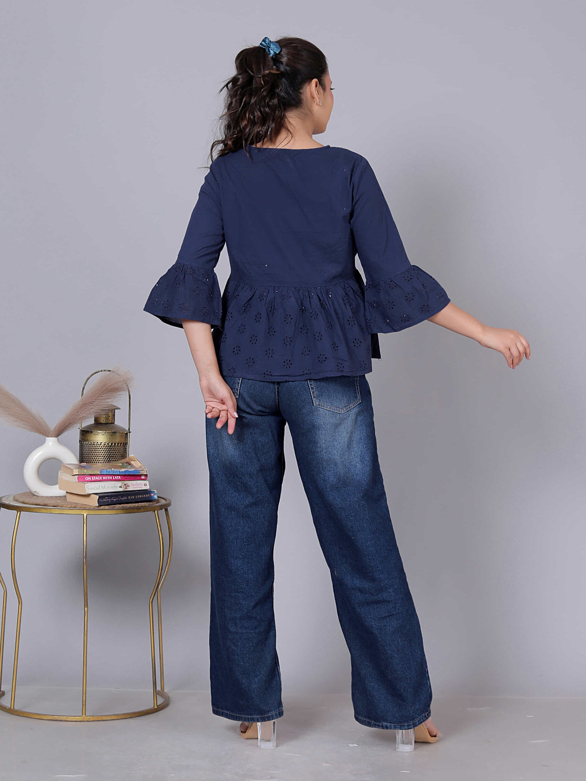 Laser Cut Flared Sleeve Cotton Peplum Top
