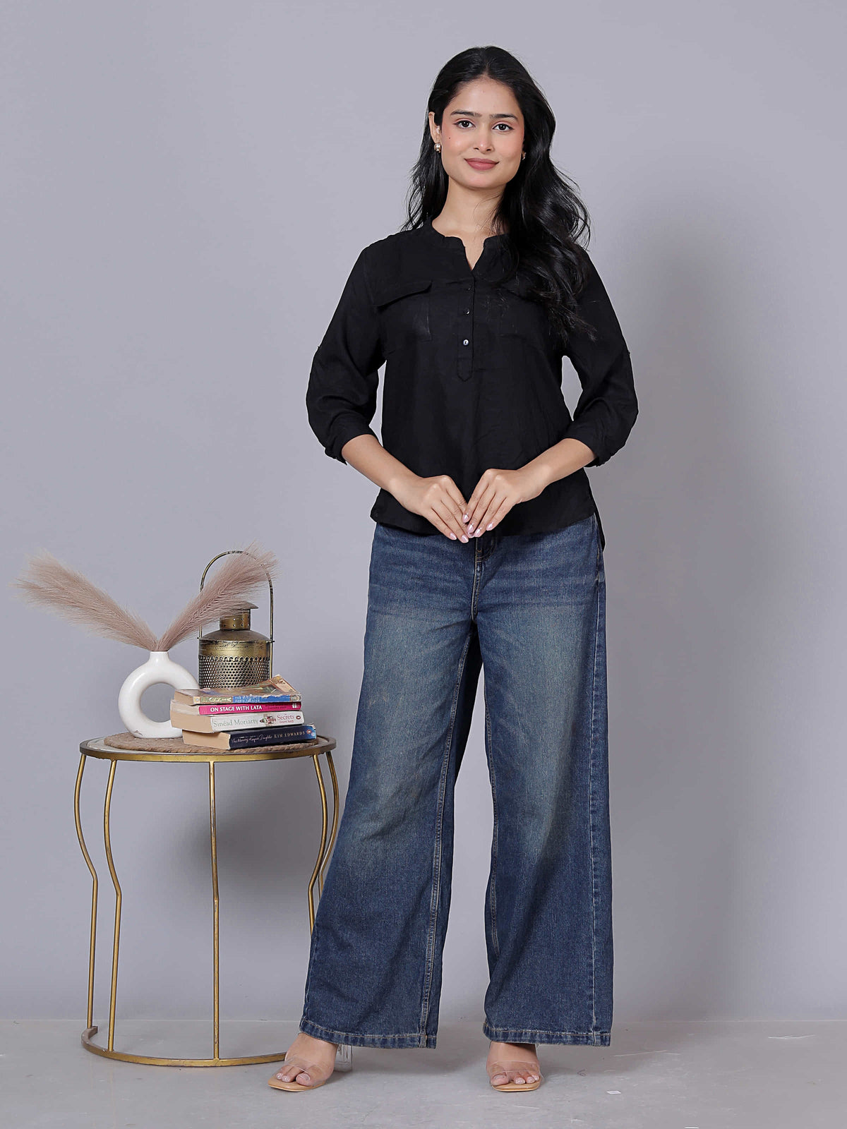Solid Viscose Rayon Henley Shirt Style Top