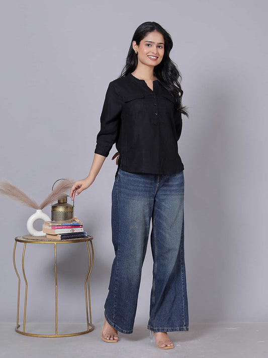 Solid Viscose Rayon Henley Shirt Style Top