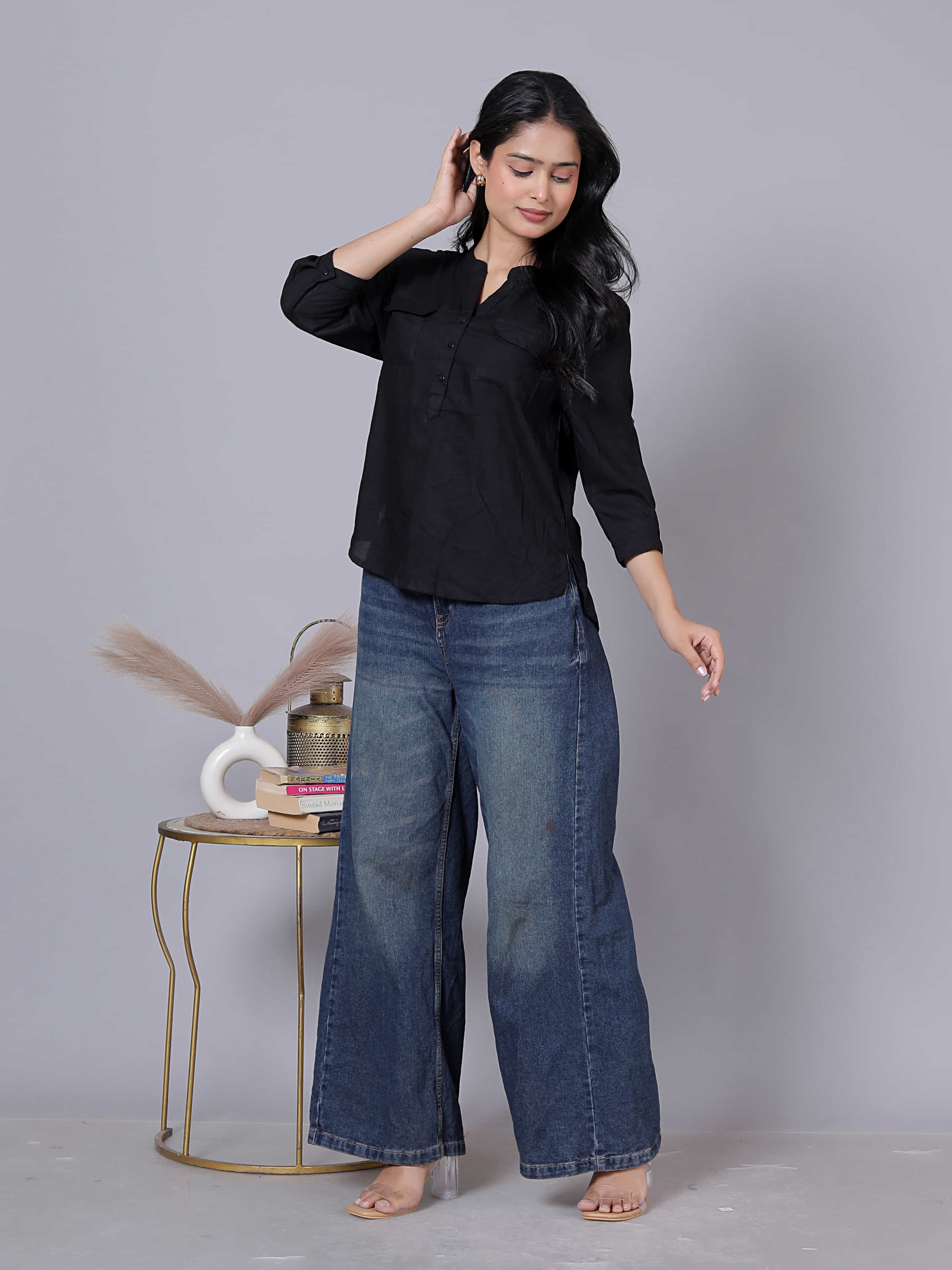 Solid Viscose Rayon Henley Shirt Style Top