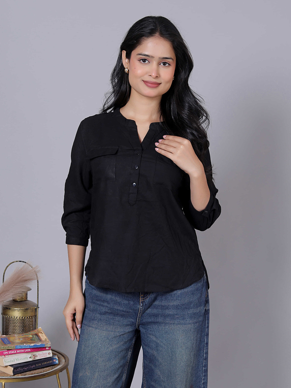 Solid Viscose Rayon Henley Shirt Style Top