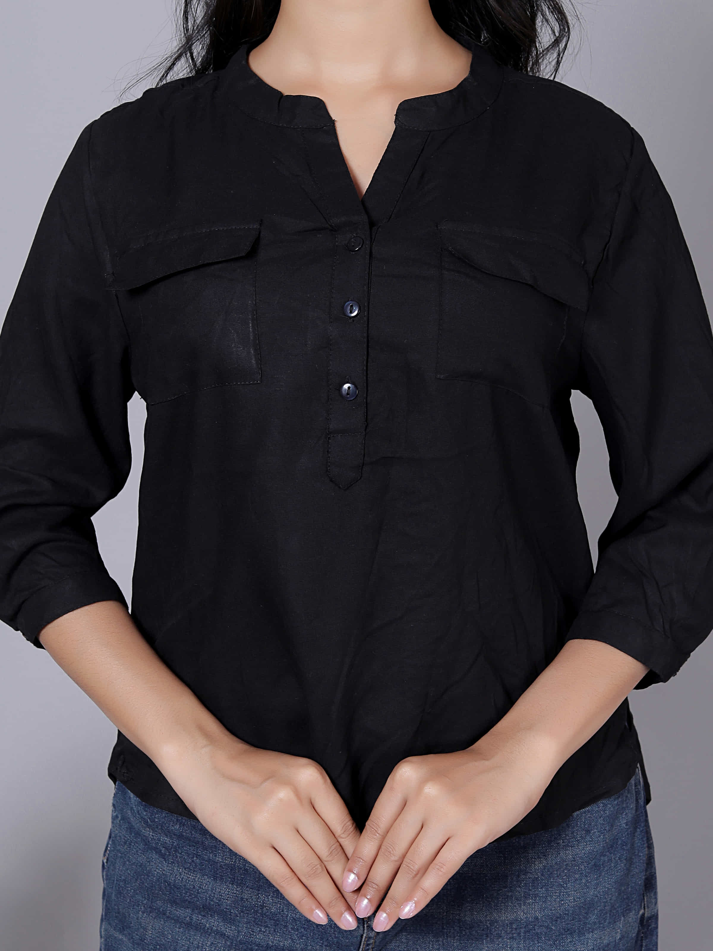 Solid Viscose Rayon Henley Shirt Style Top