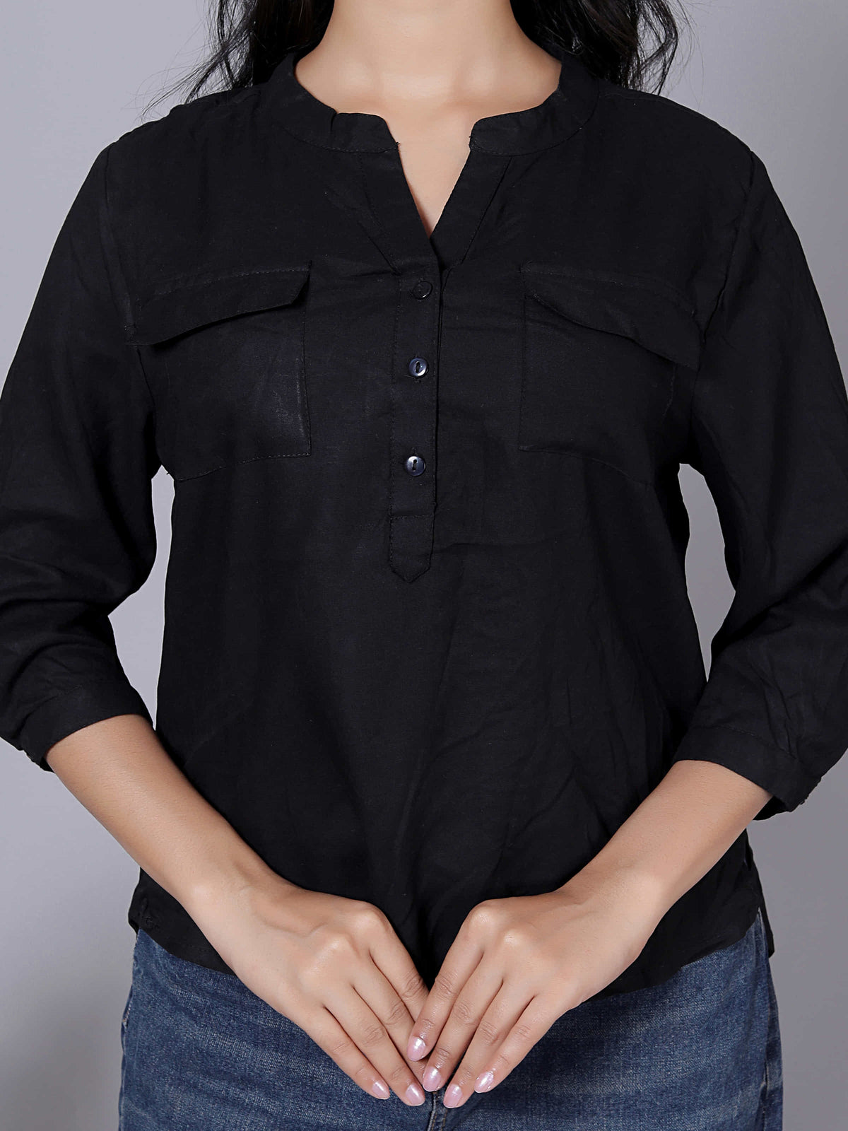 Solid Viscose Rayon Henley Shirt Style Top