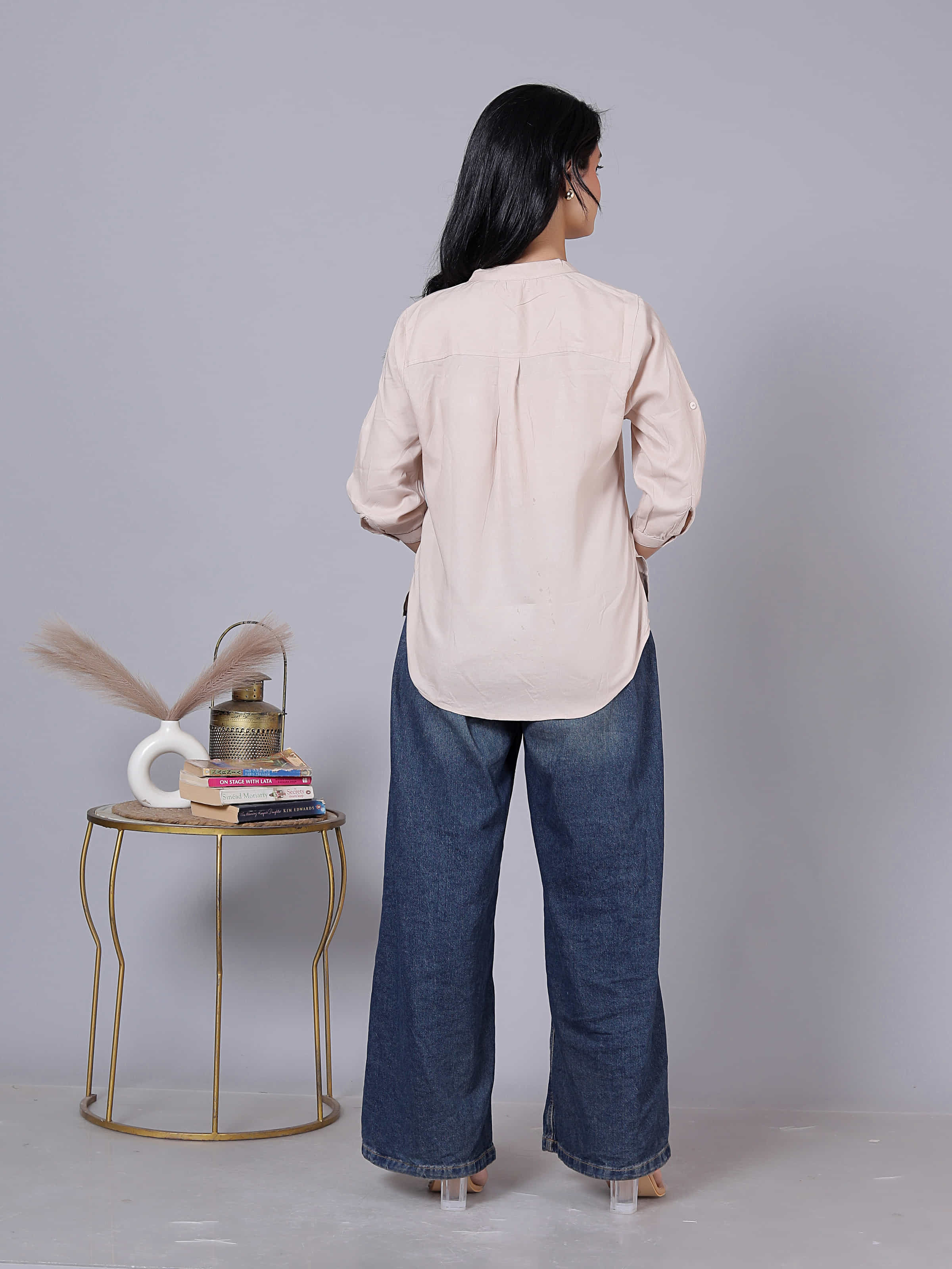 Solid Mandarin Collar Viscose Rayon Top
