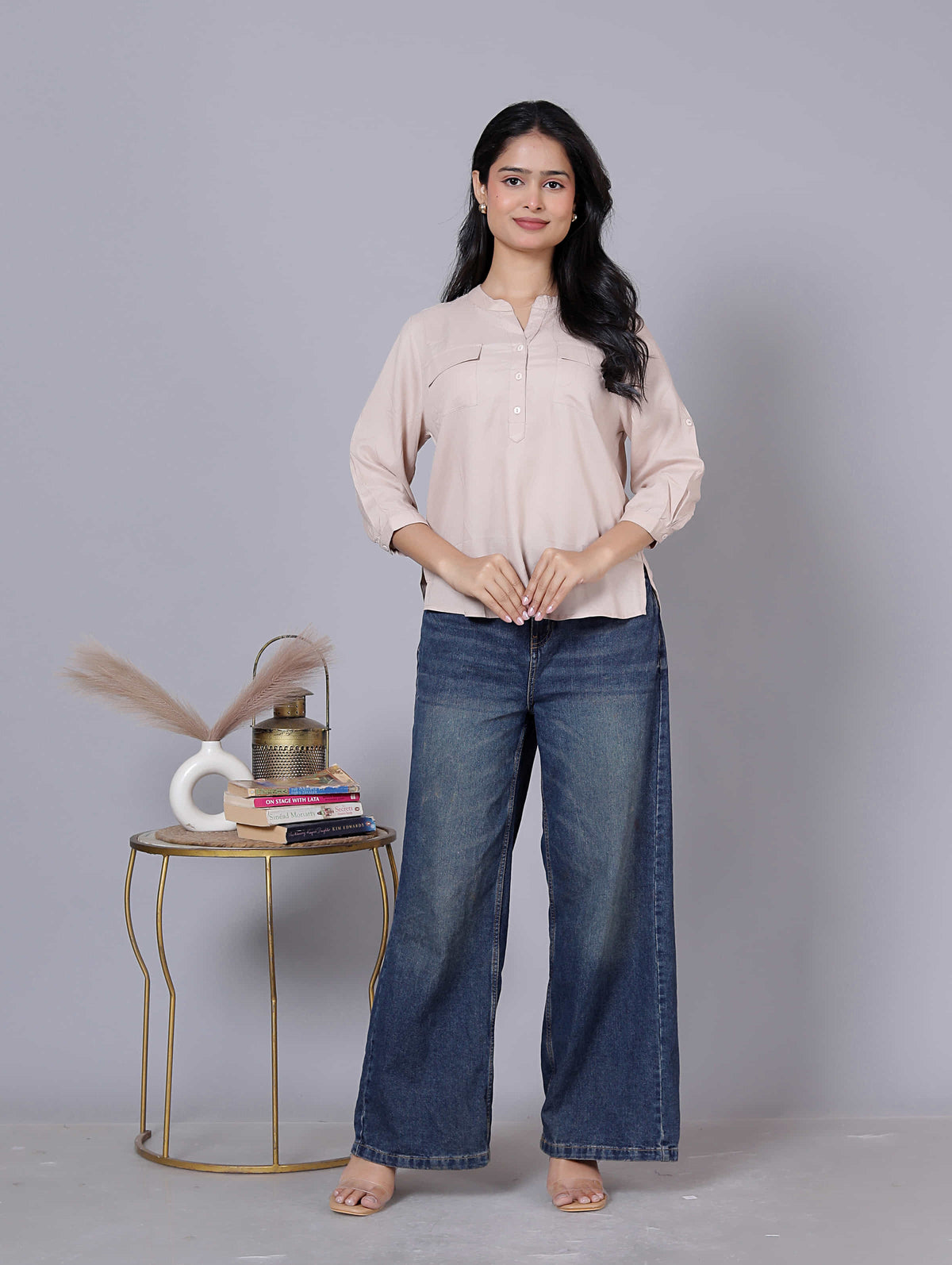 Solid Mandarin Collar Viscose Rayon Top