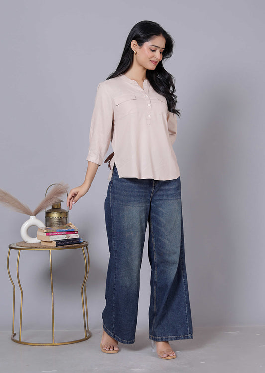 Solid Mandarin Collar Viscose Rayon Top