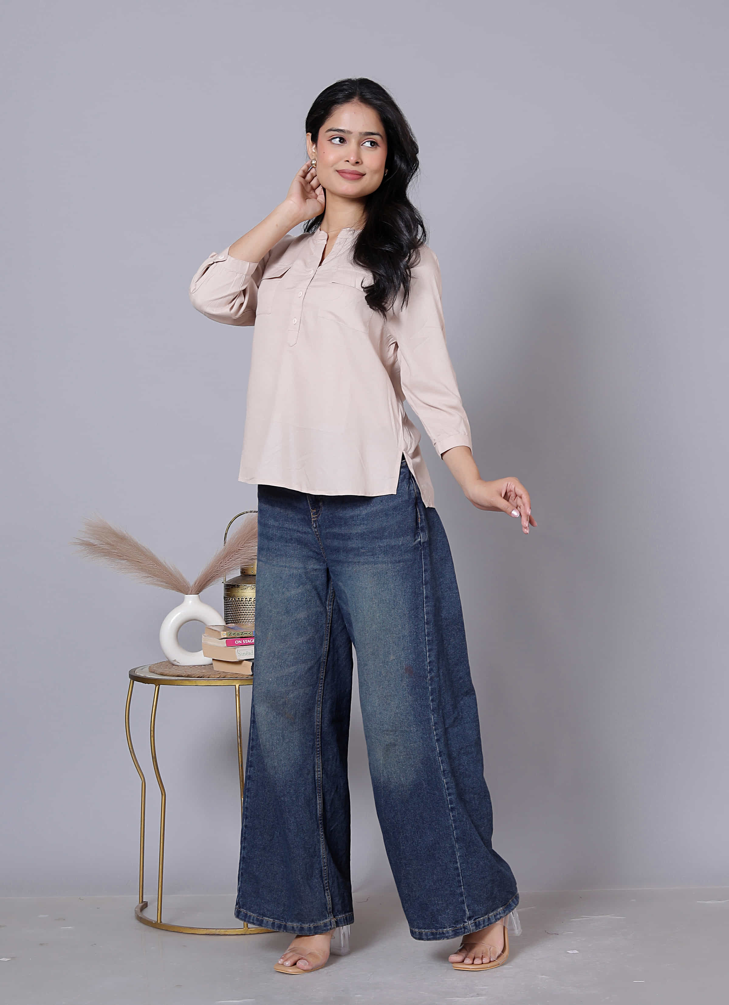 Solid Mandarin Collar Viscose Rayon Top