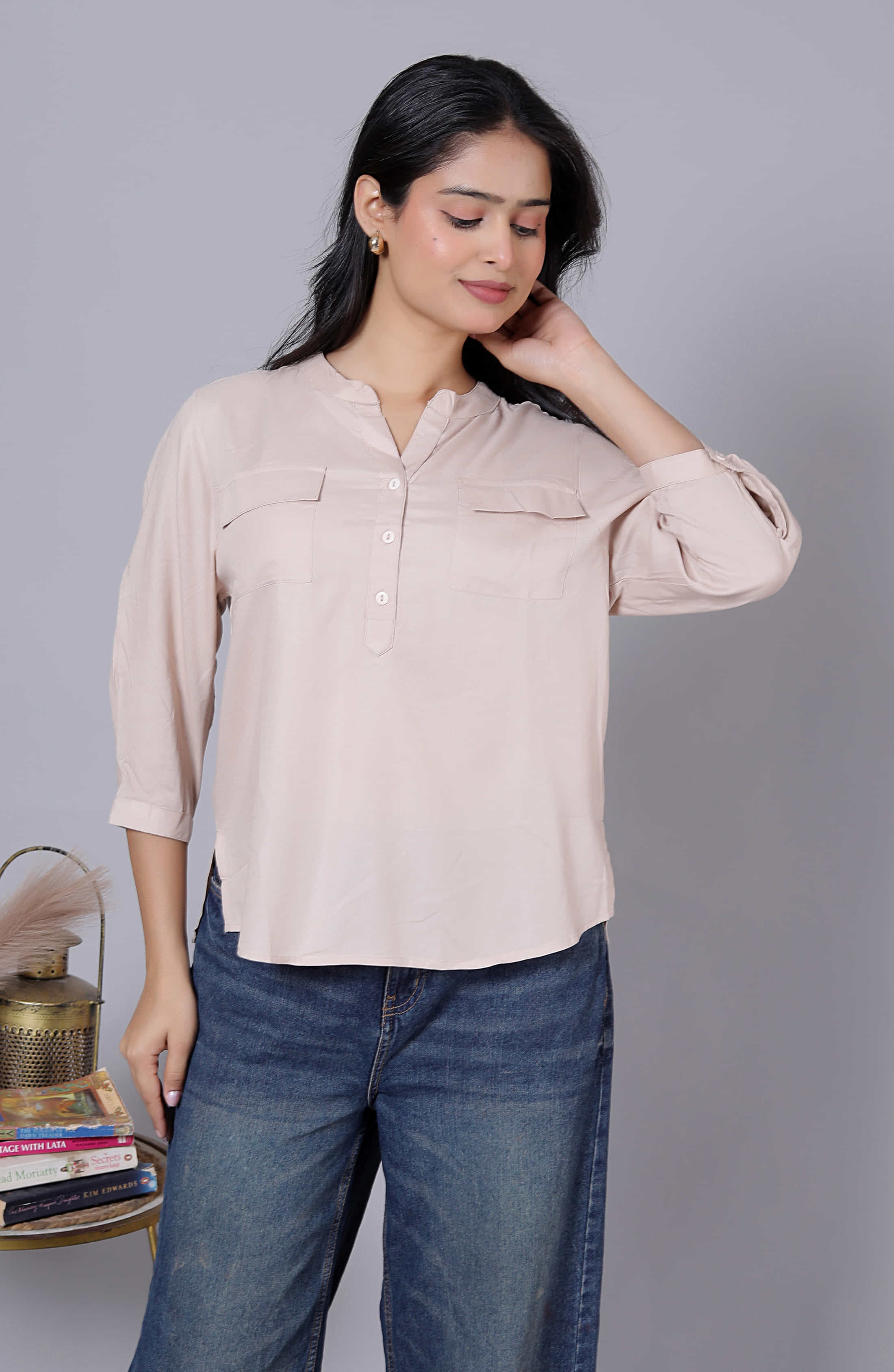 Solid Mandarin Collar Viscose Rayon Top