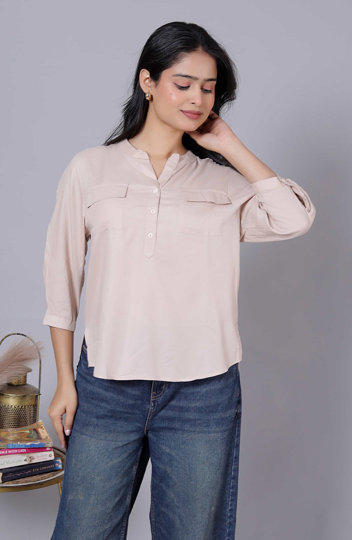 Solid Mandarin Collar Viscose Rayon Top