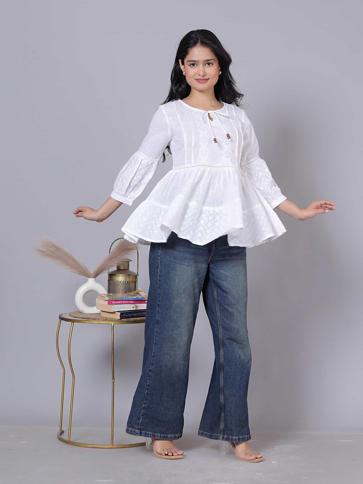 Self Design Bishop Sleeve Cotton Fusion Top
